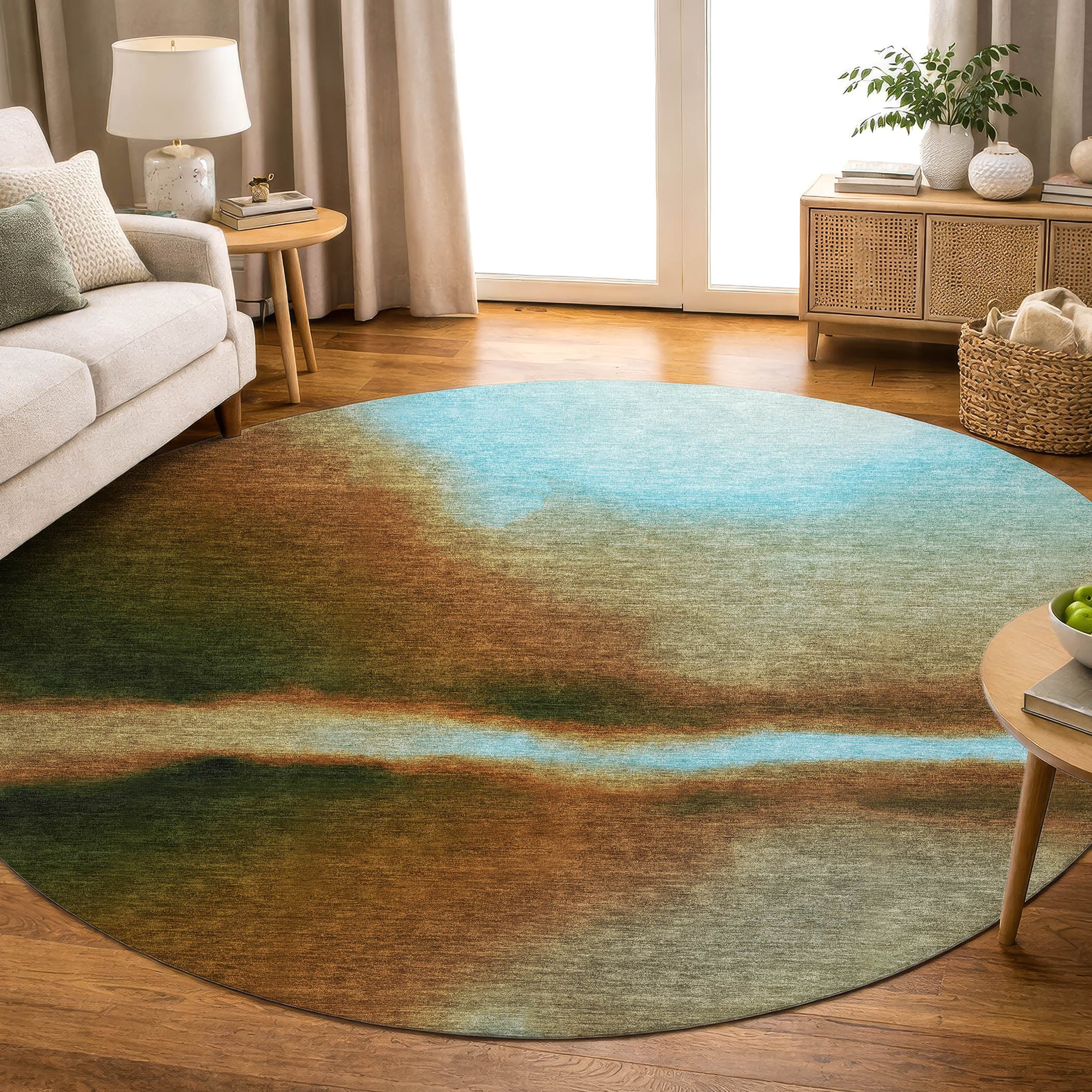 Bangkok Machine Washable Contemporary Blue Rug 8' x 8' #shape_Round