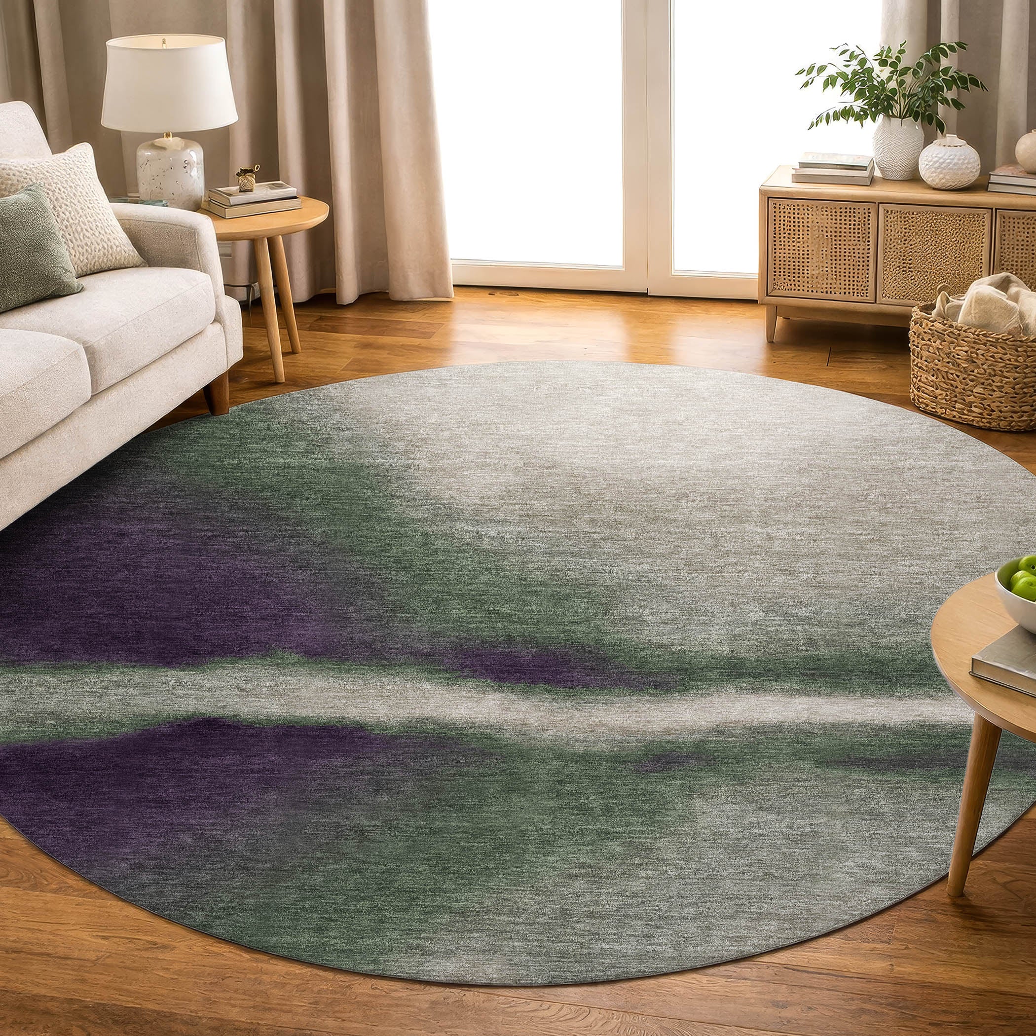 Bangkok Machine Washable Contemporary Fern Green Rug 8' x 8' #shape_Round