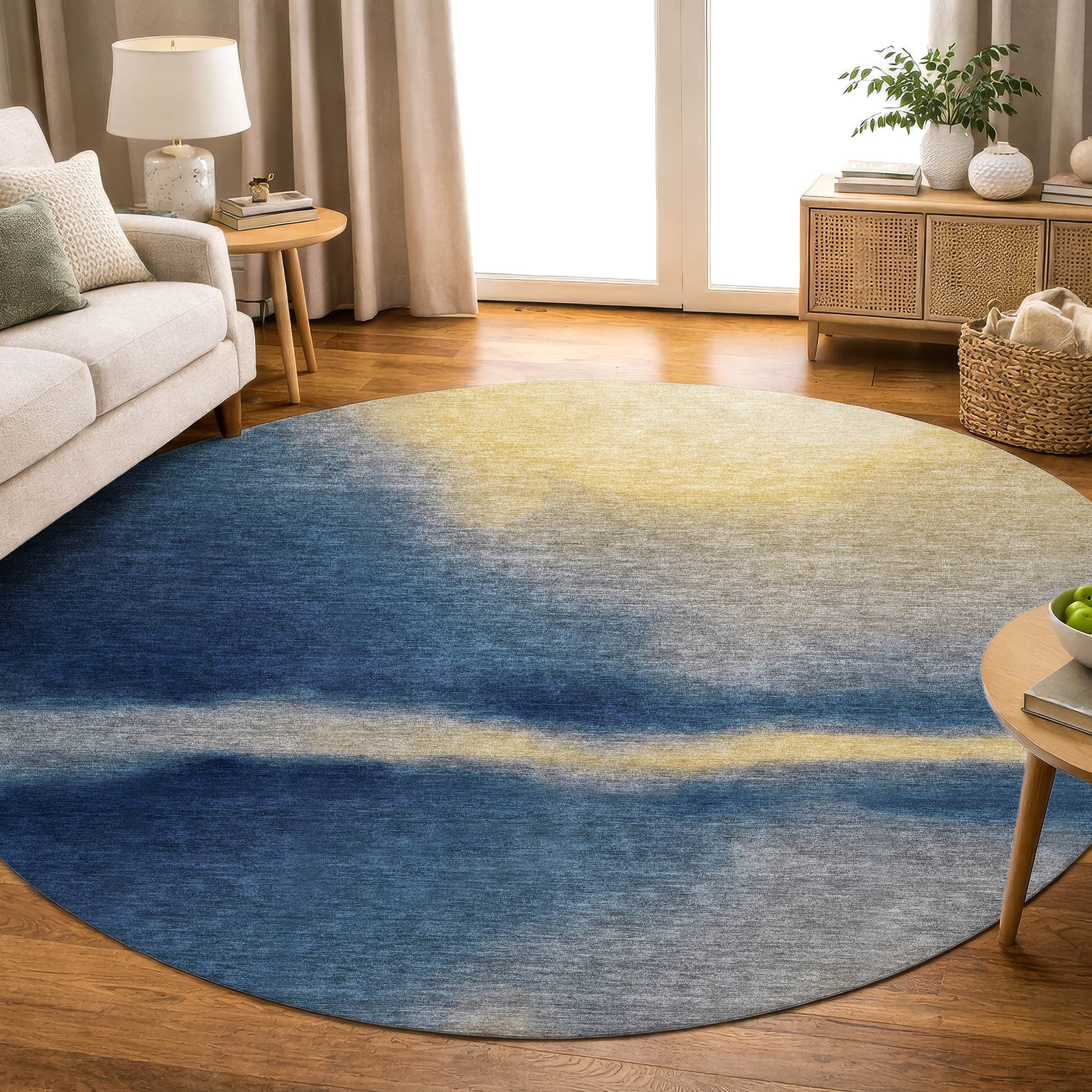 Bangkok Machine Washable Contemporary Navy Blue Rug 8' x 8' #shape_Round