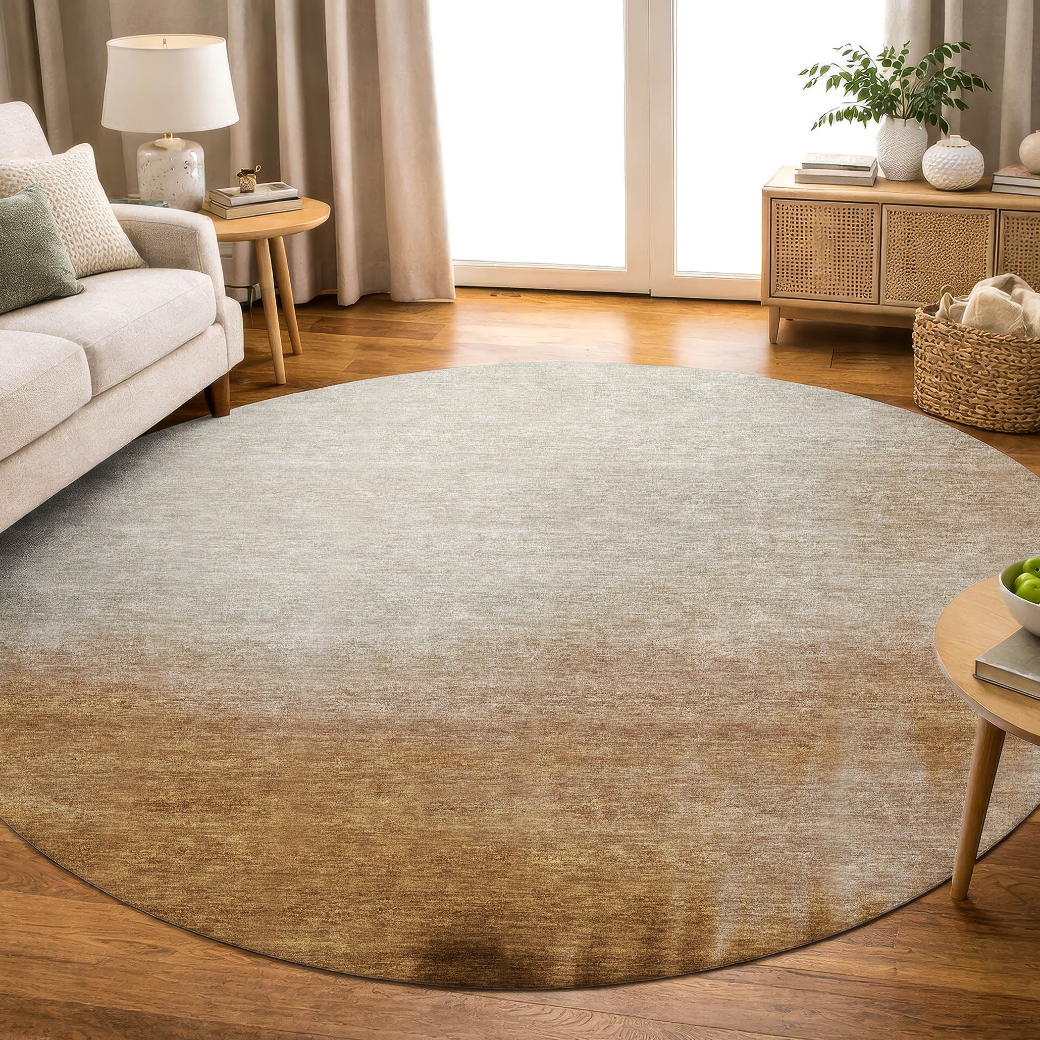 Antigua Machine Washable Transitional Copper Orange Rug 8' x 8' #shape_Round