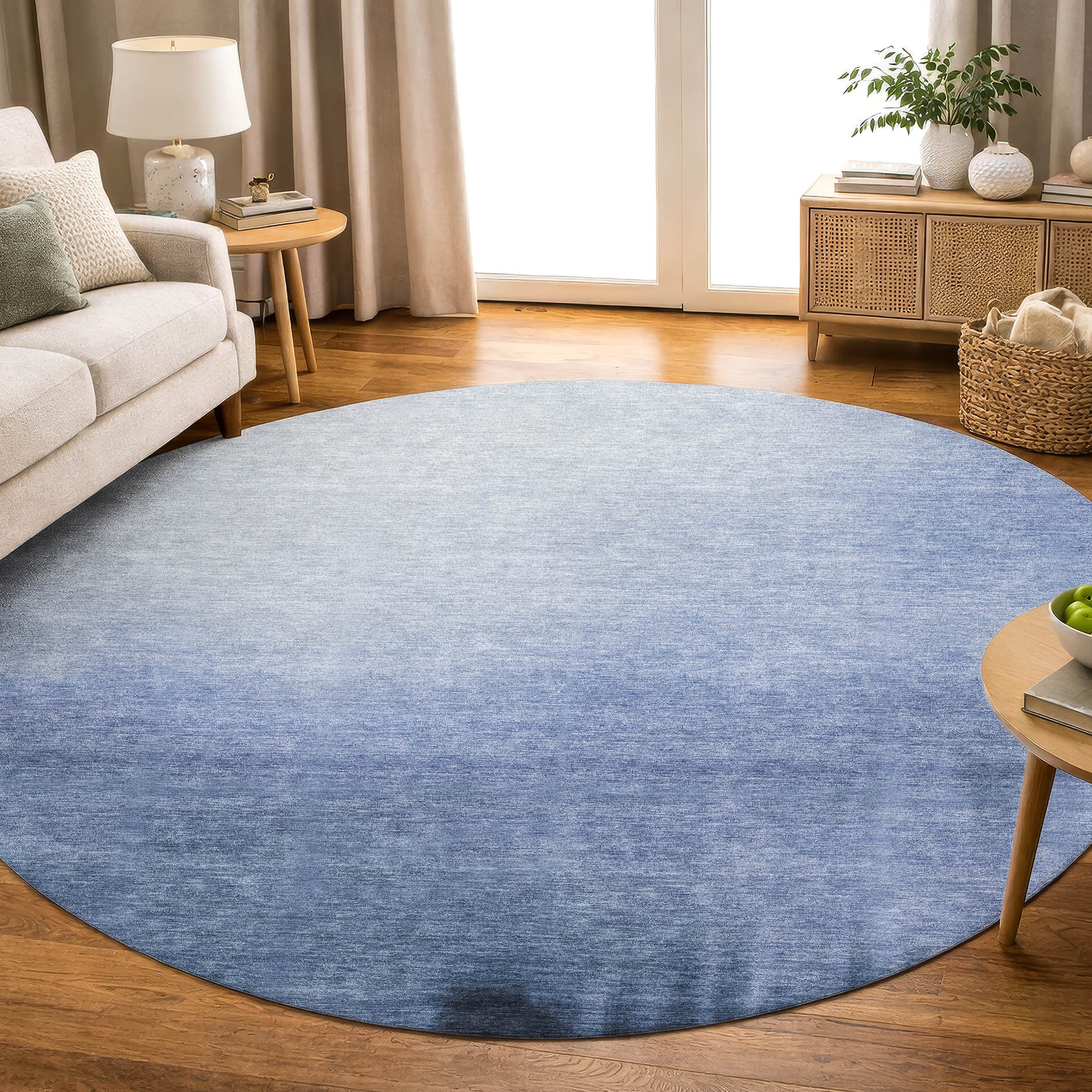 Antigua Machine Washable Transitional Navy Blue Rug 8' x 8' #shape_Round