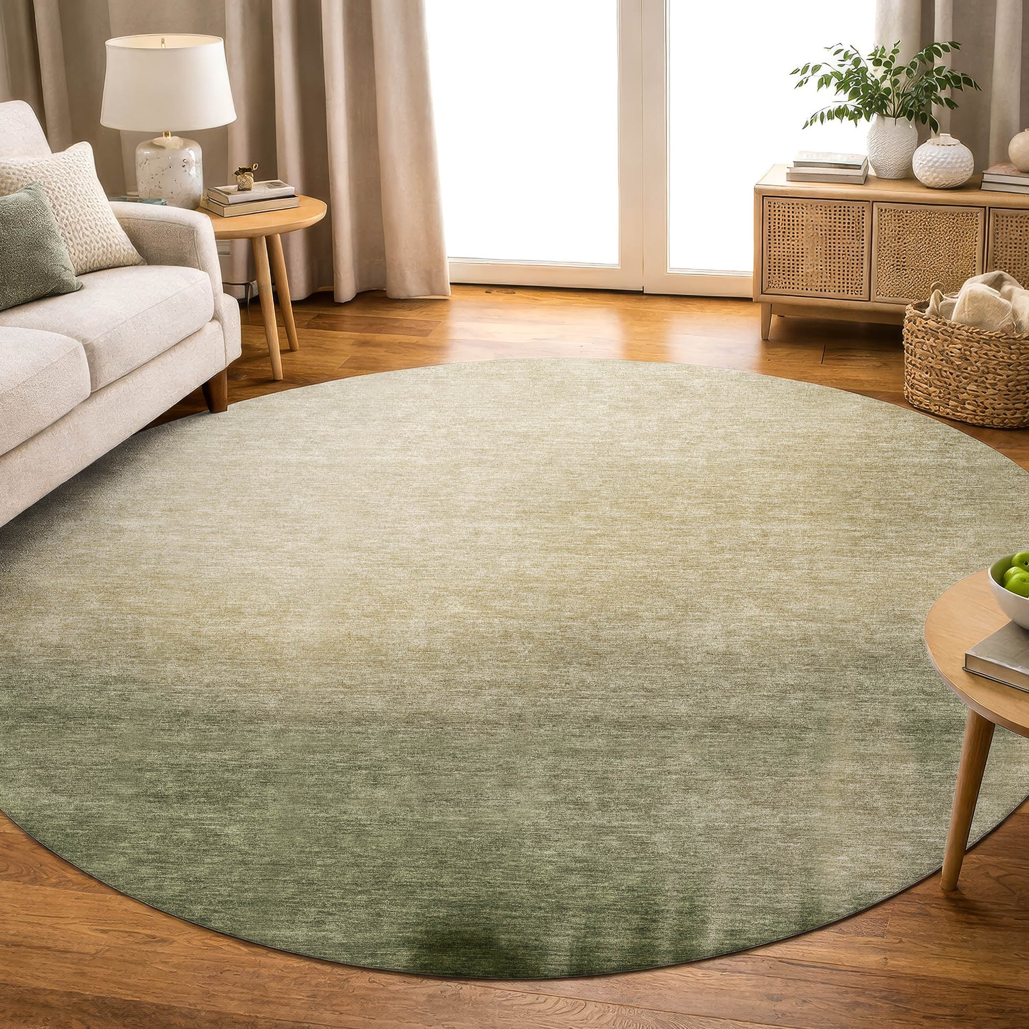 Antigua Machine Washable Transitional Olive Green Rug 8' x 8' #shape_Round
