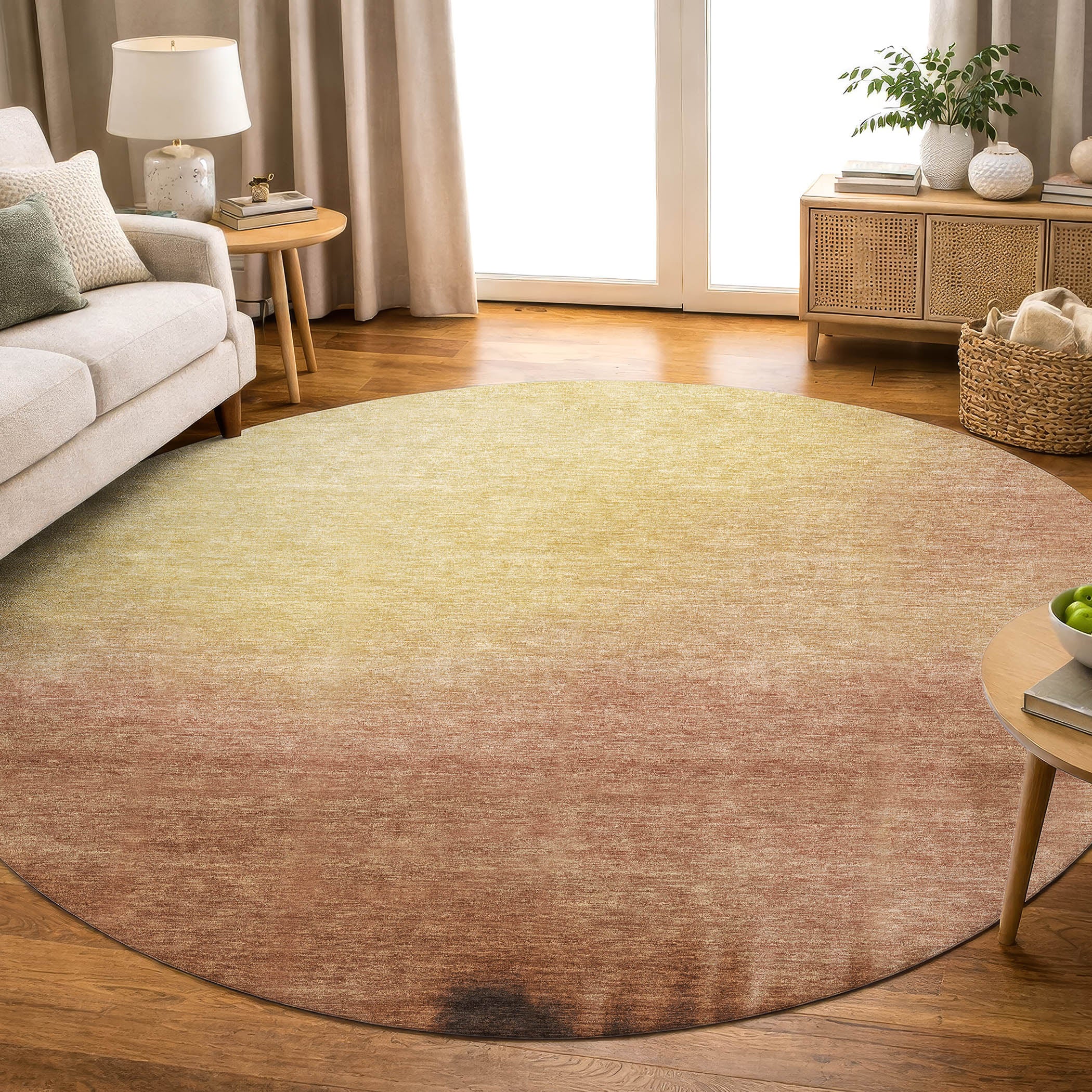 Antigua Machine Washable Transitional Rust Orange Rug 8' x 8' #shape_Round