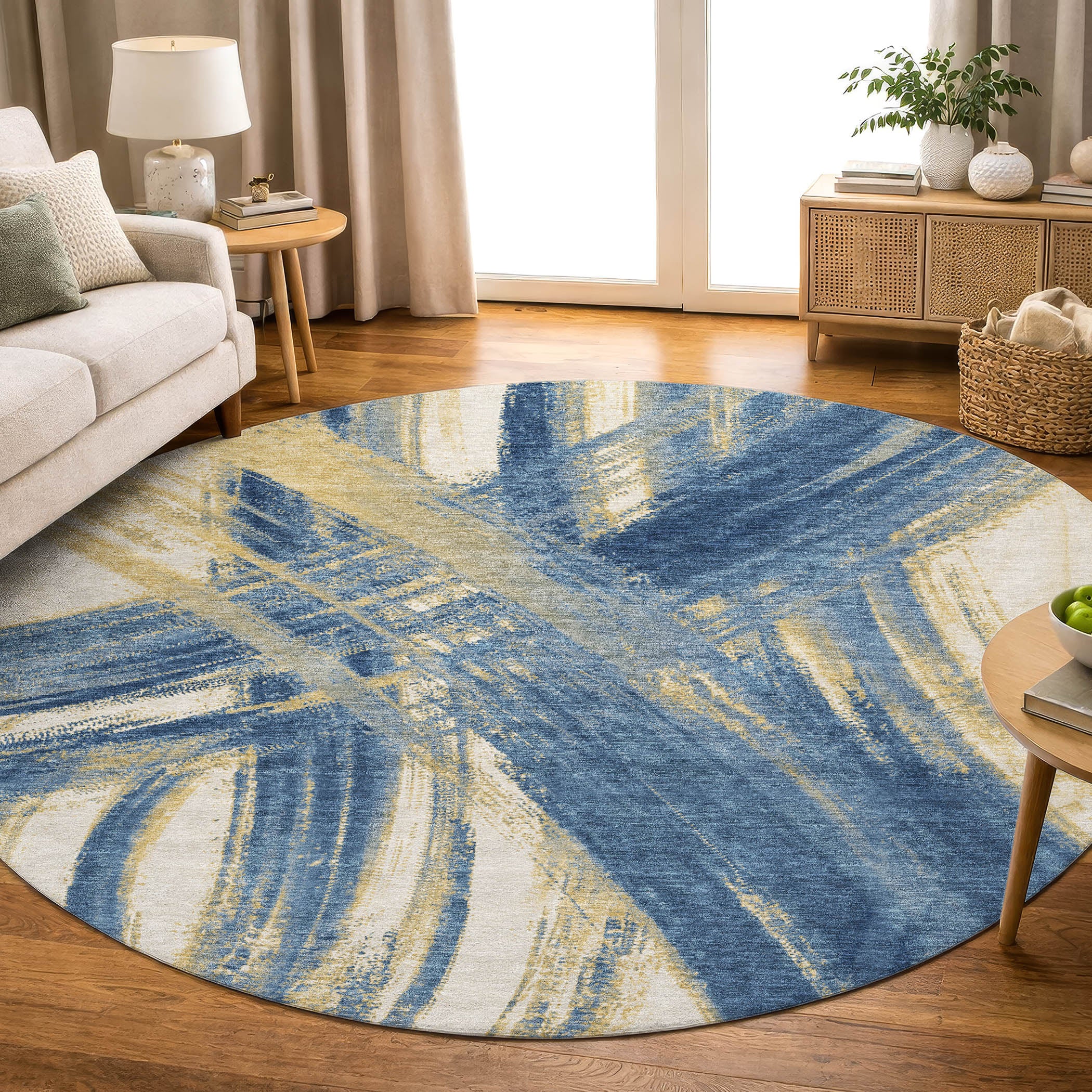 Seville Machine Washable Transitional Navy Blue Rug 8' x 8' #shape_Round
