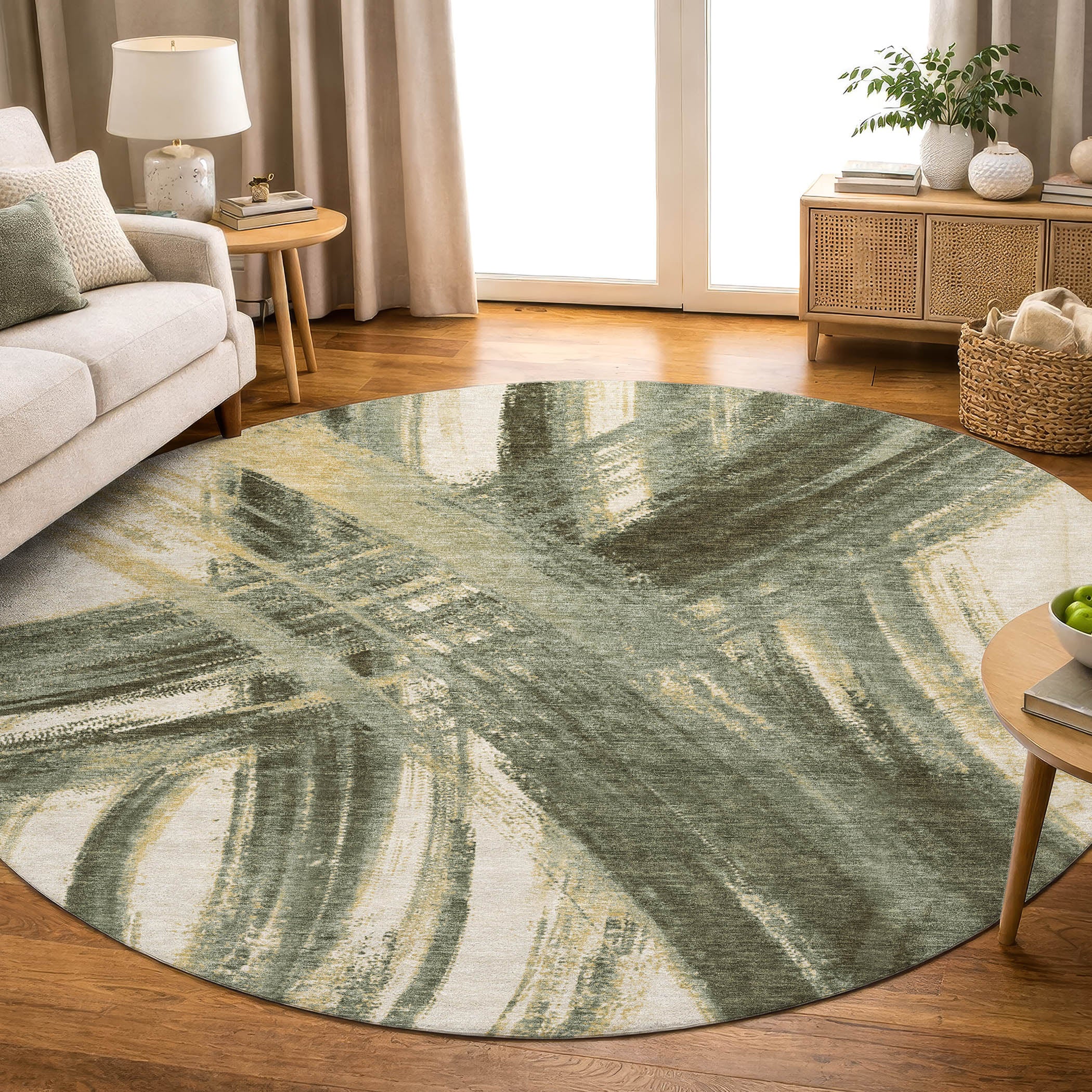 Seville Machine Washable Transitional Olive Green Rug 8' x 8' #shape_Round