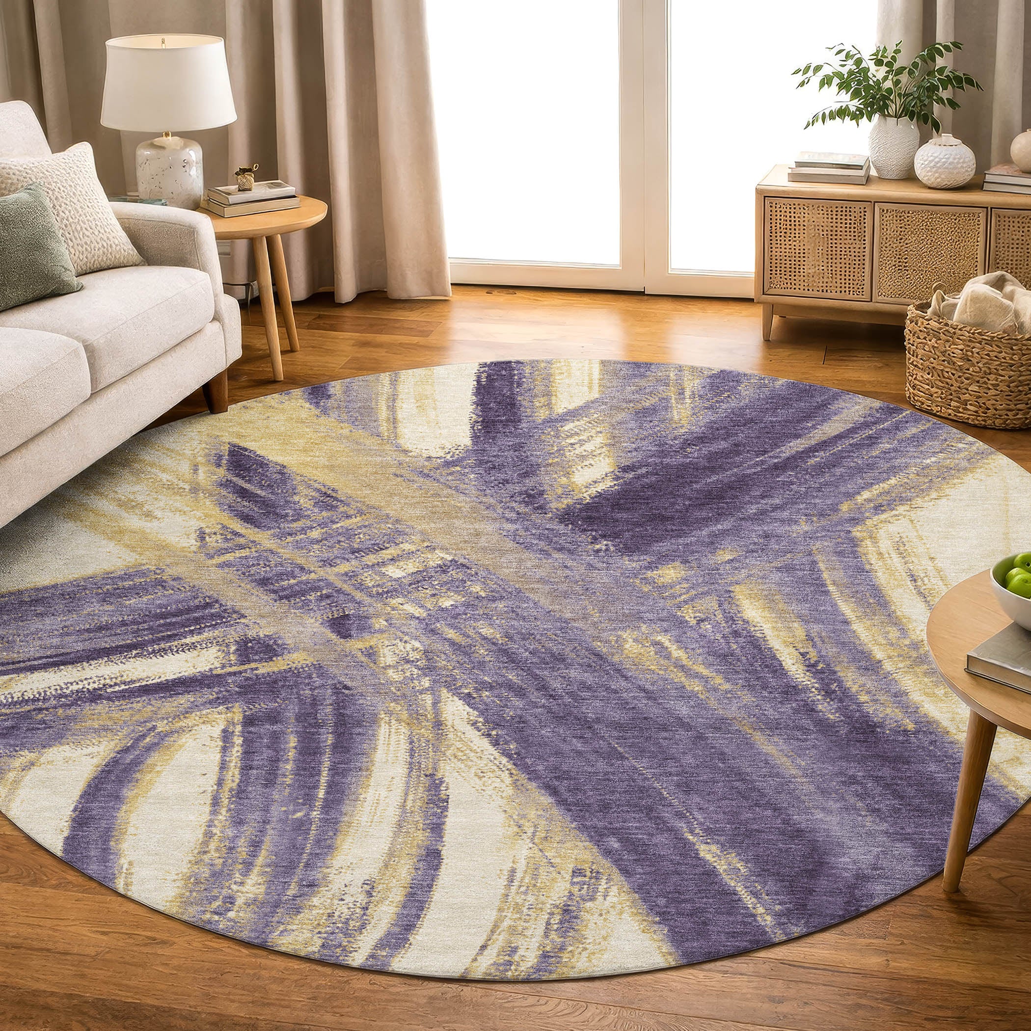 Seville Machine Washable Transitional Plum Purple Rug 8' x 8' #shape_Round