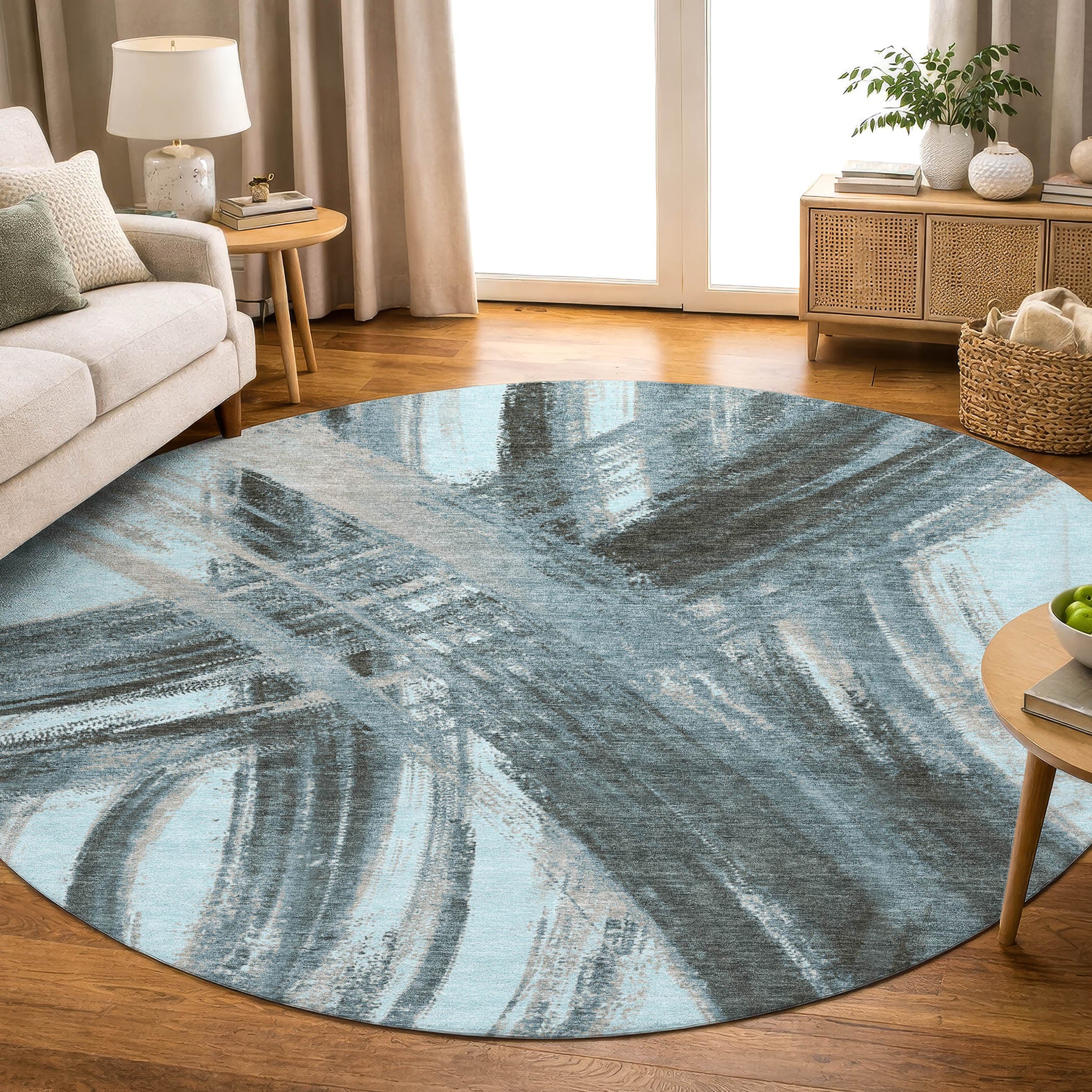 Seville Machine Washable Transitional Teal Rug 8' x 8' #shape_Round