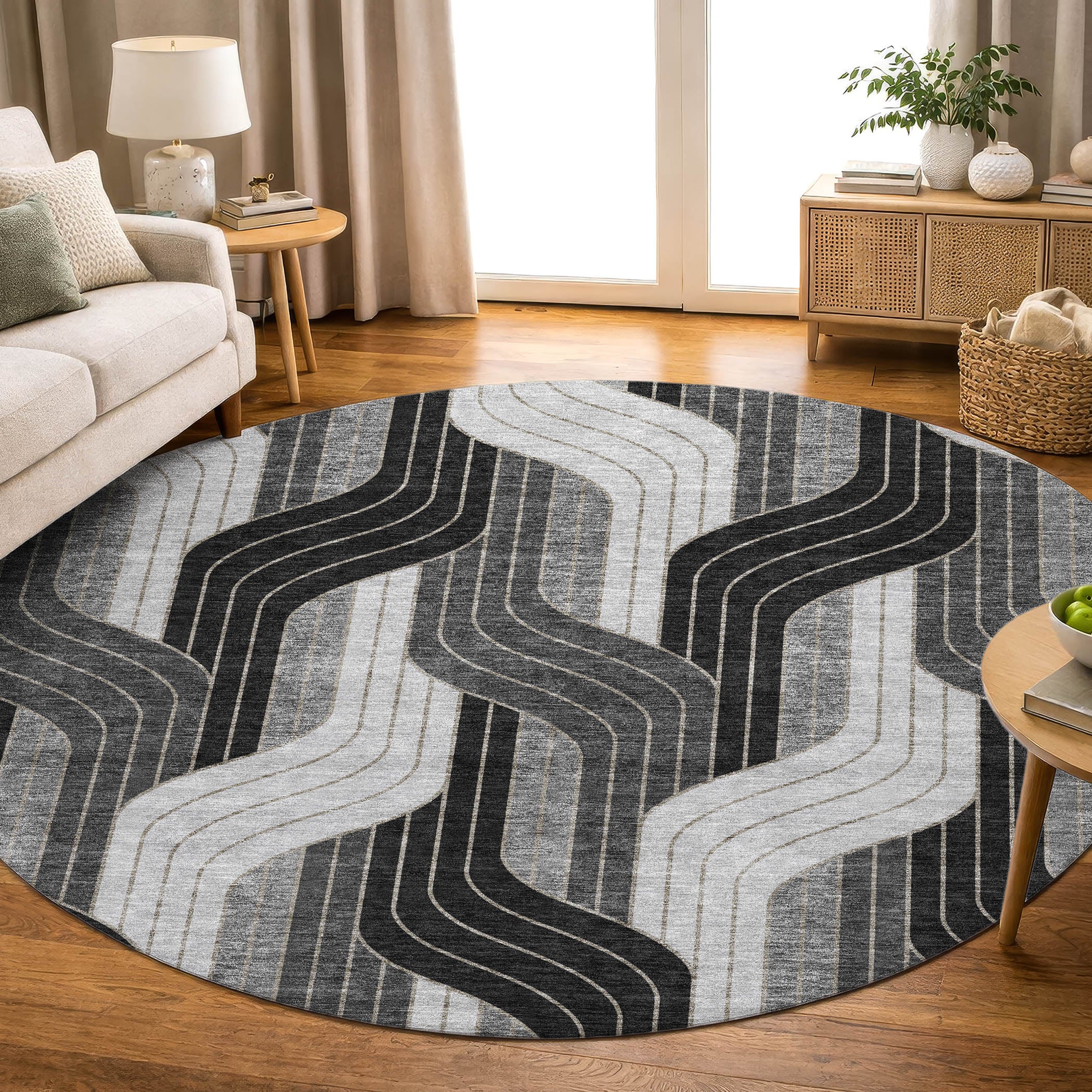 Mdina Machine Washable Transitional Black Rug 8' x 8' #shape_Round