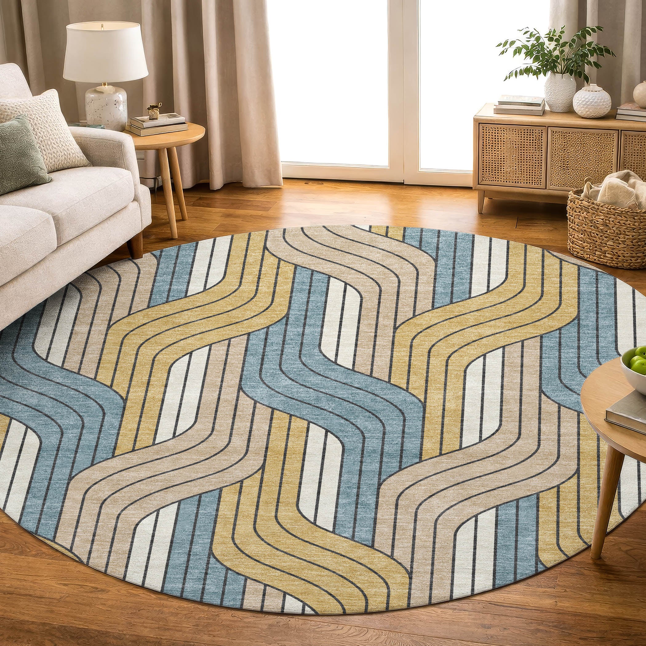 Mdina Machine Washable Transitional Gold Rug 8' x 8' #shape_Round