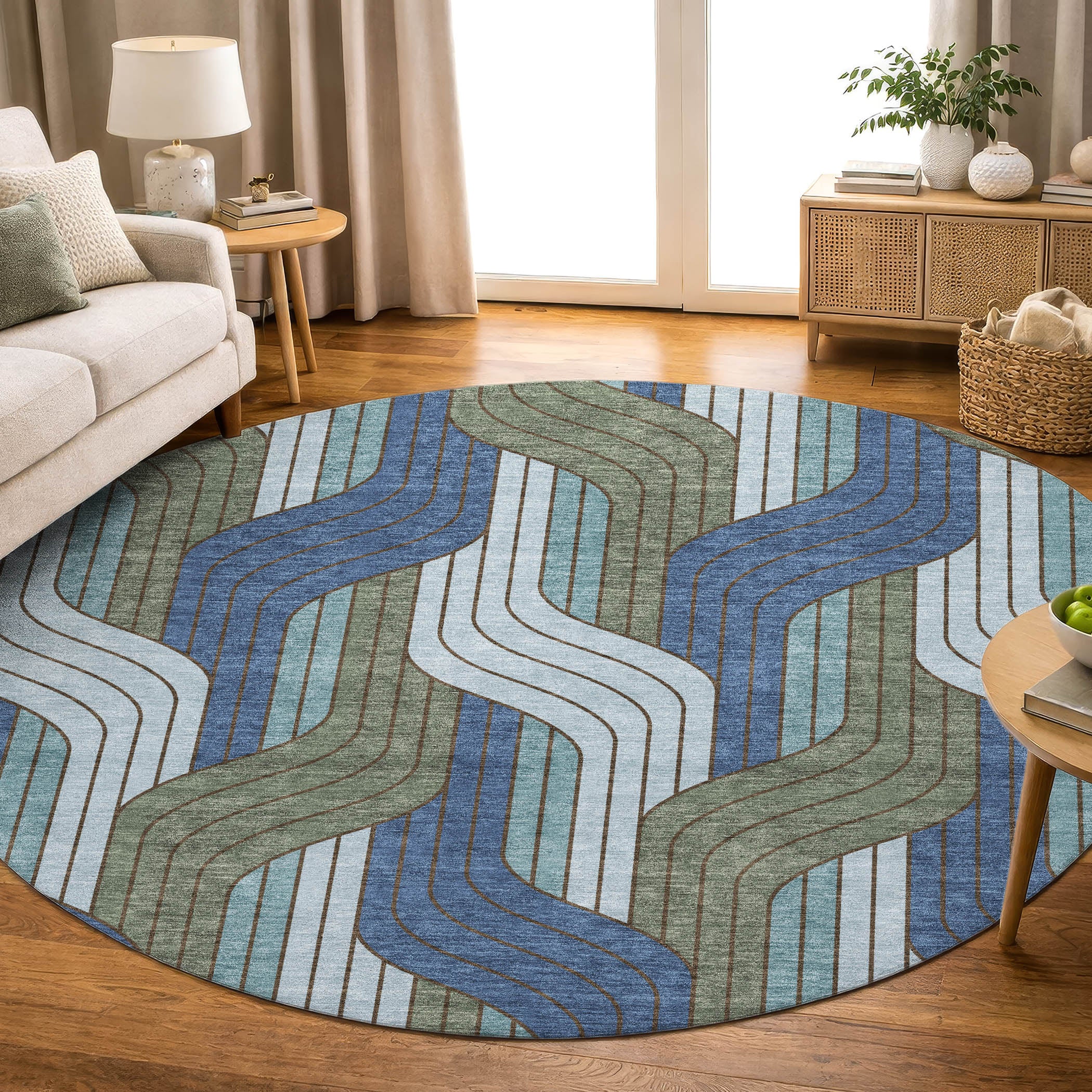 Mdina Machine Washable Transitional Navy Blue Rug 8' x 8' #shape_Round