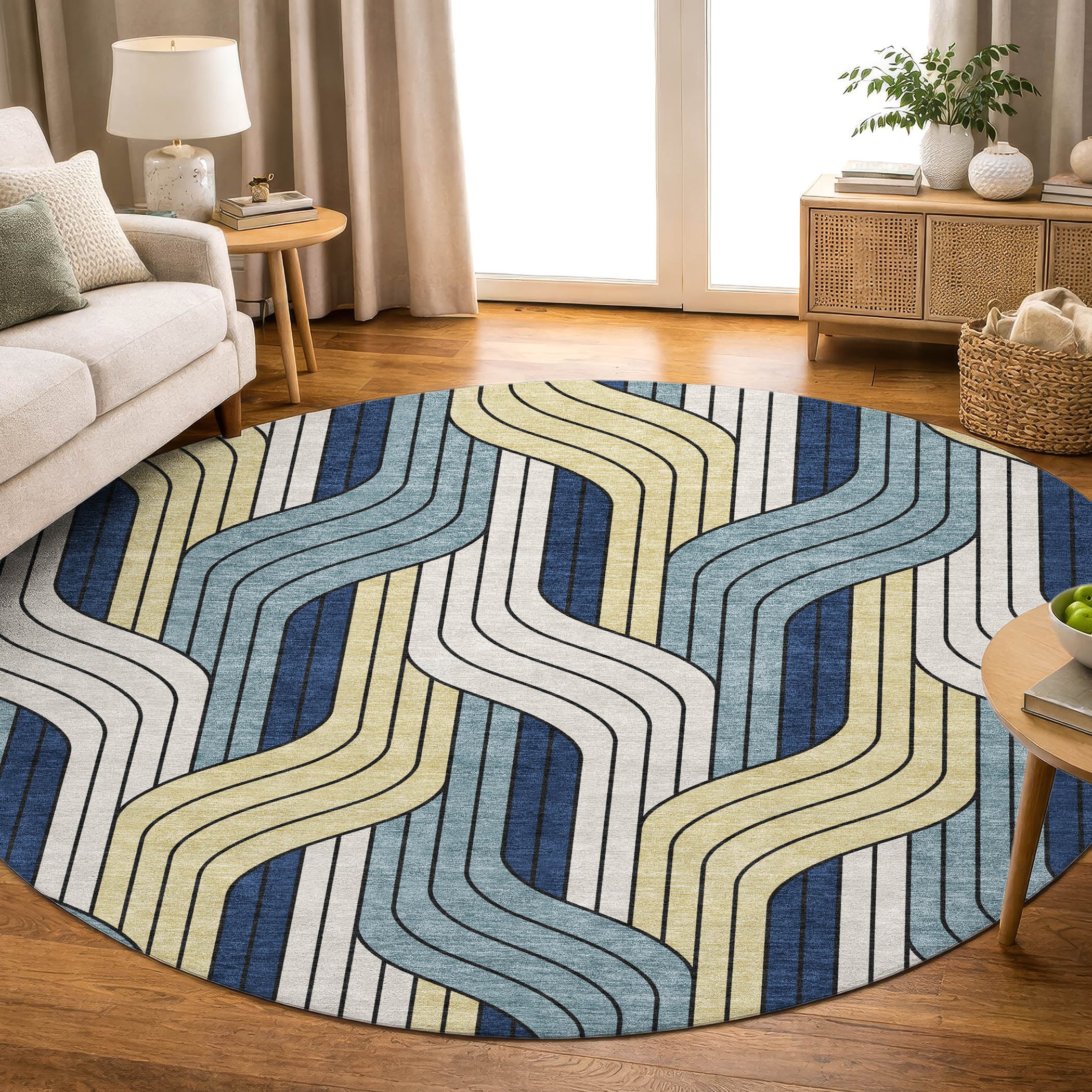 Mdina Machine Washable Transitional Teal Rug 8' x 8' #shape_Round