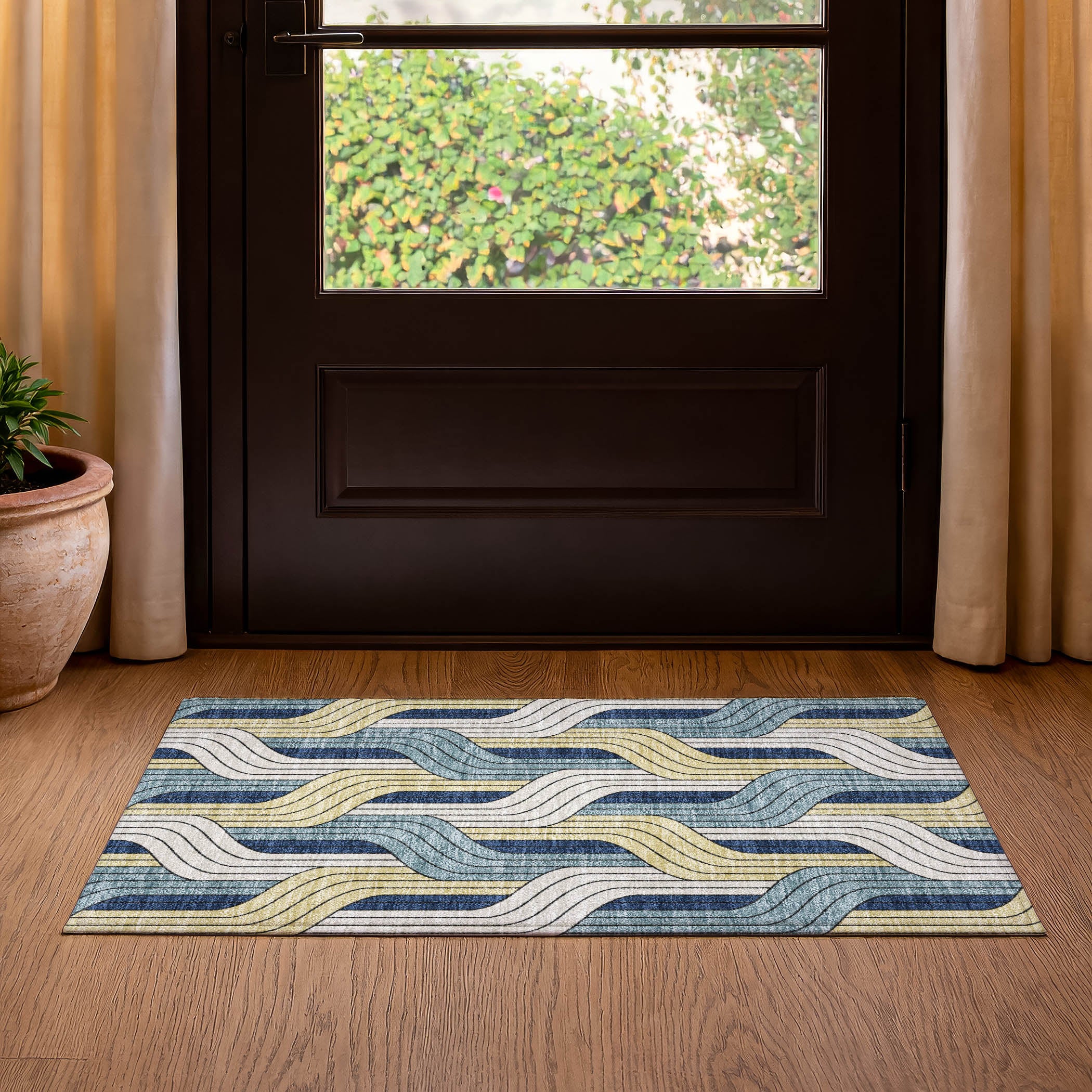 Mdina Machine Washable Transitional Teal Rug 1'8" x 2'6" #shape_Rectangle