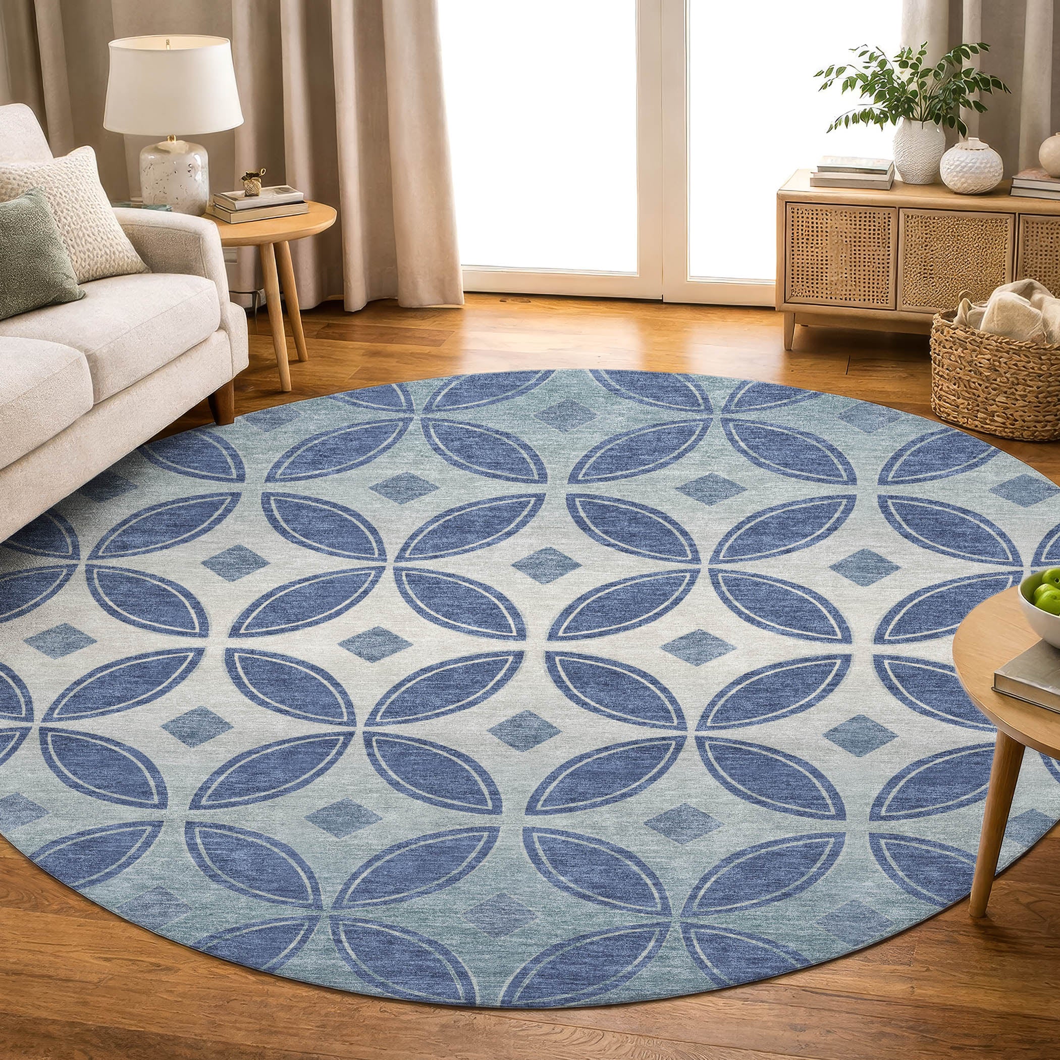 Chiang Mai Machine Washable Transitional Teal Rug 8' x 8' #shape_Round