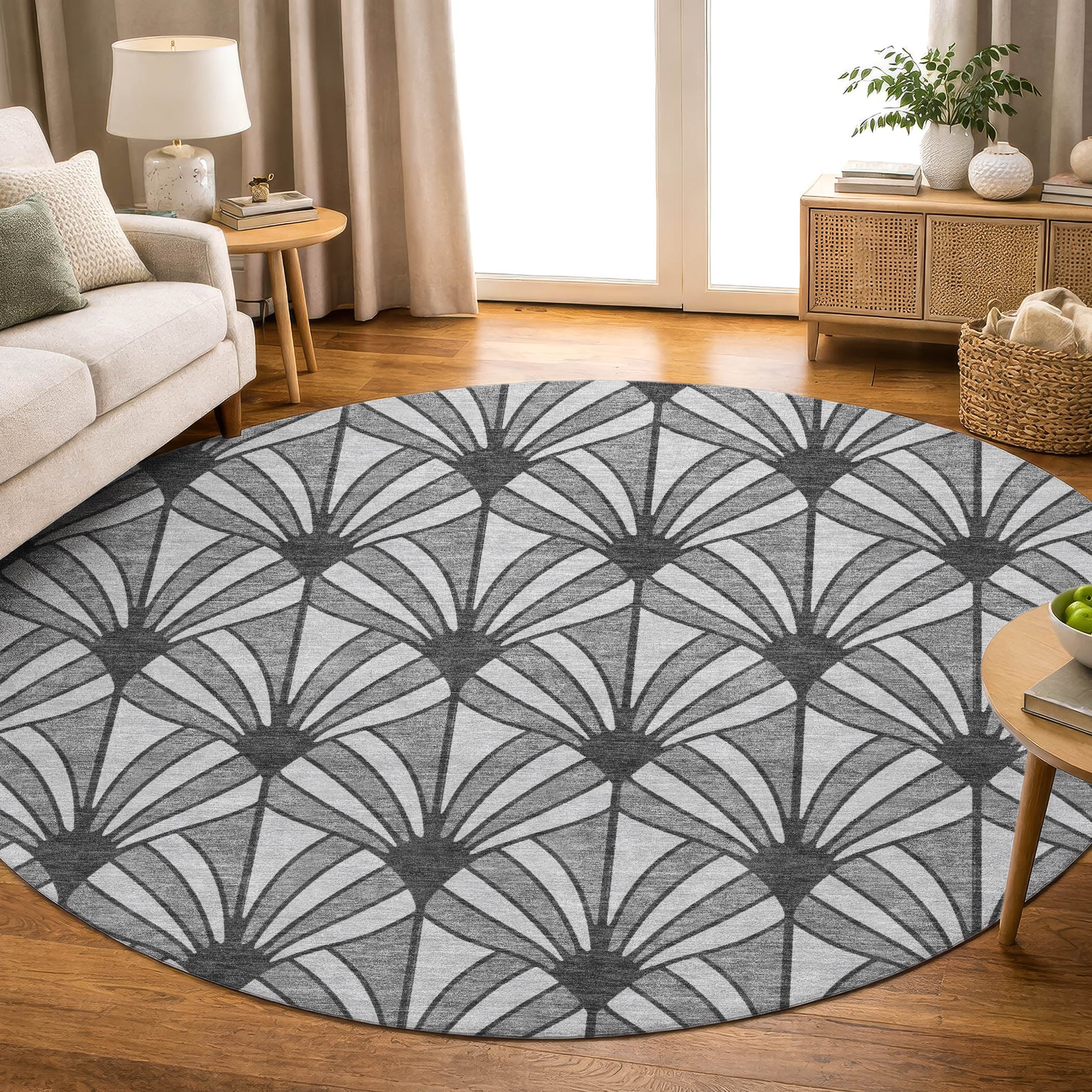 Zanzibar Machine Washable Transitional Gray Rug 8' x 8' #shape_Round