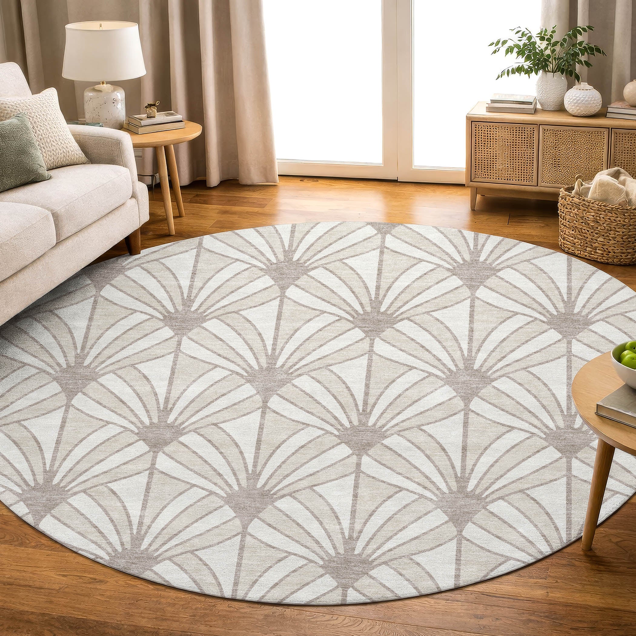 Zanzibar Machine Washable Transitional Ivory Rug 8' x 8' #shape_Round