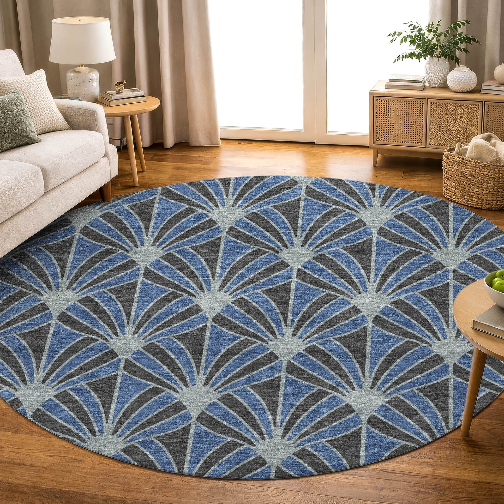 Zanzibar Machine Washable Transitional Navy Blue Rug 8' x 8' #shape_Round