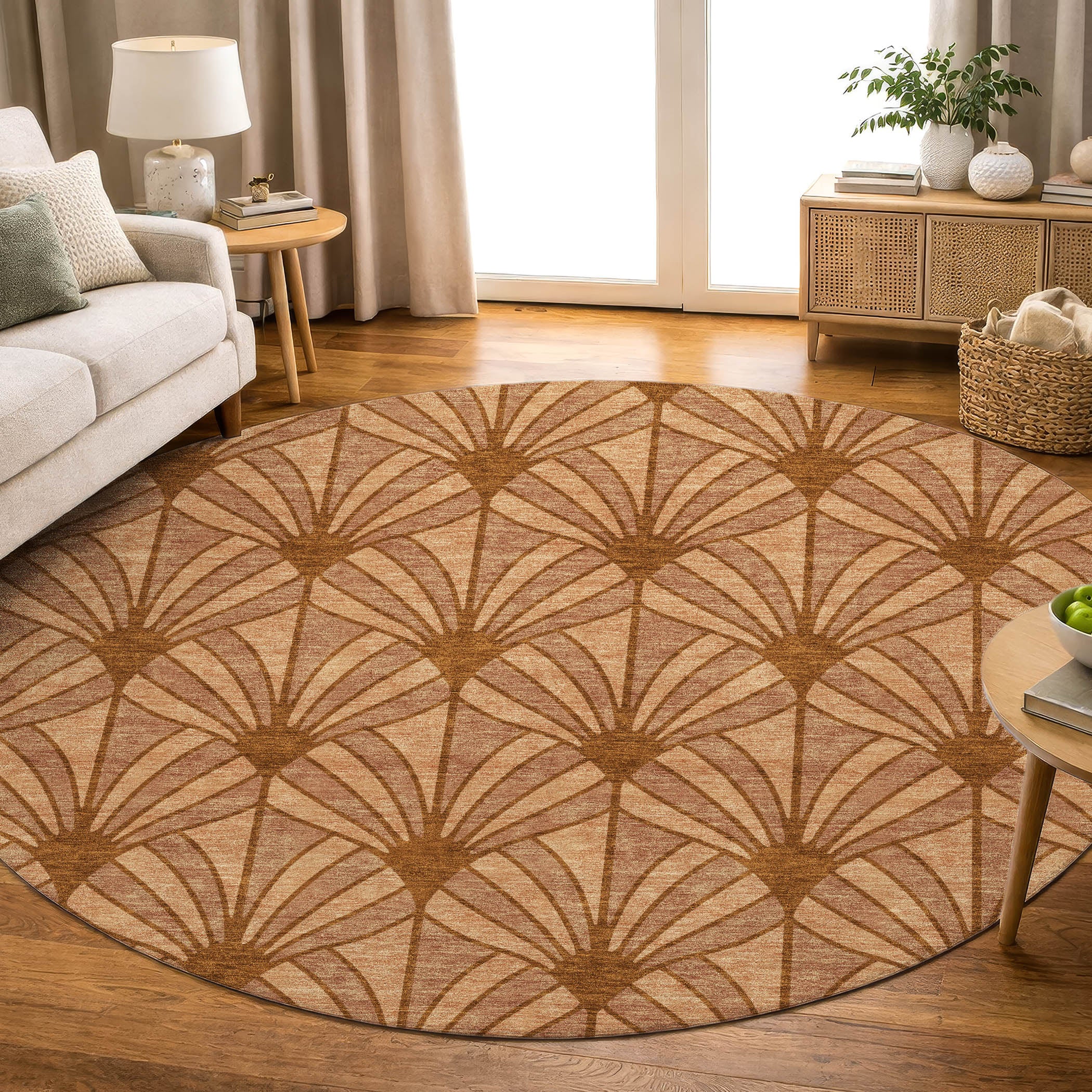 Zanzibar Machine Washable Transitional Paprika Orange Rug 8' x 8' #shape_Round