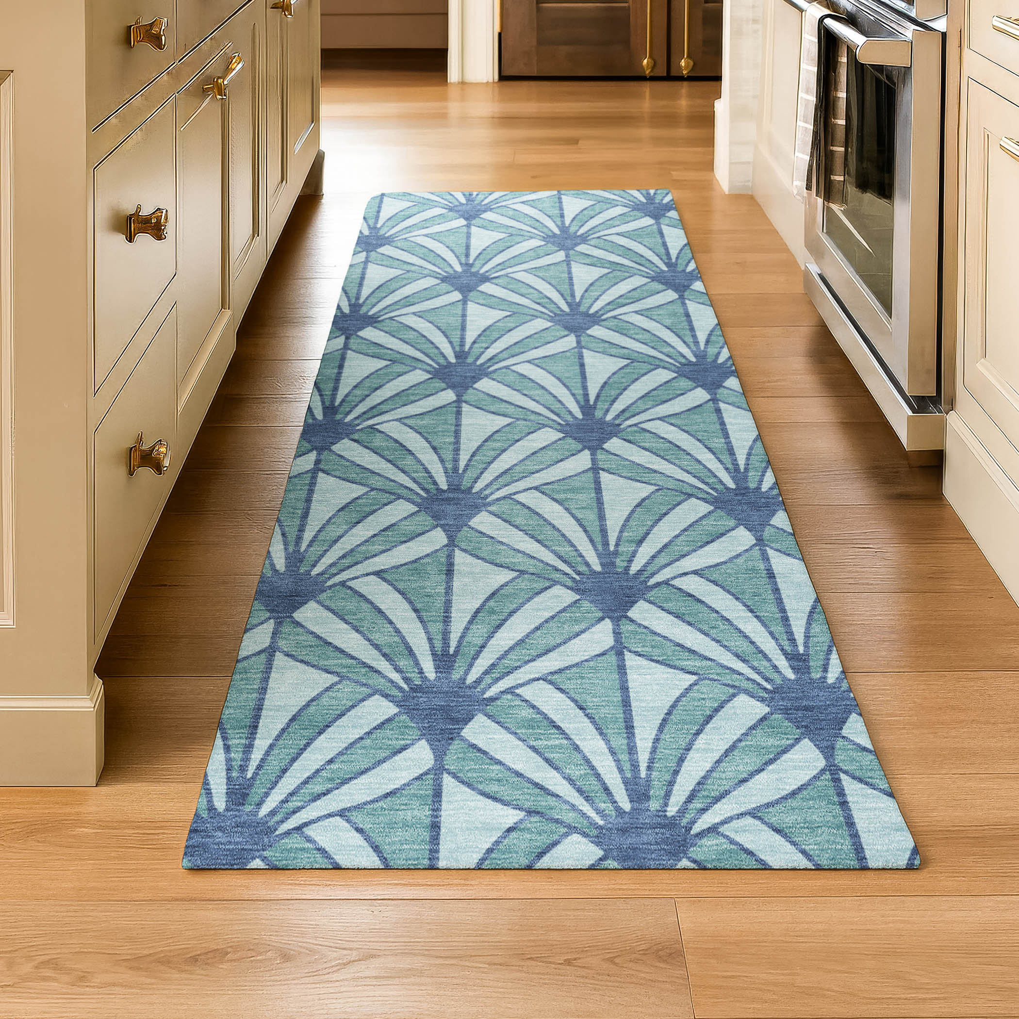 Zanzibar Machine Washable Transitional Teal Rug 2'3" x 7'6" #shape_Runner