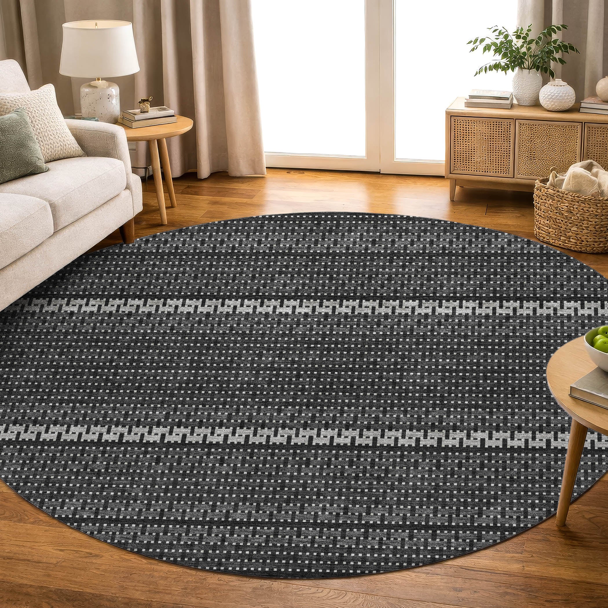 Seoul Machine Washable Transitional Black Rug 8' x 8' #shape_Round