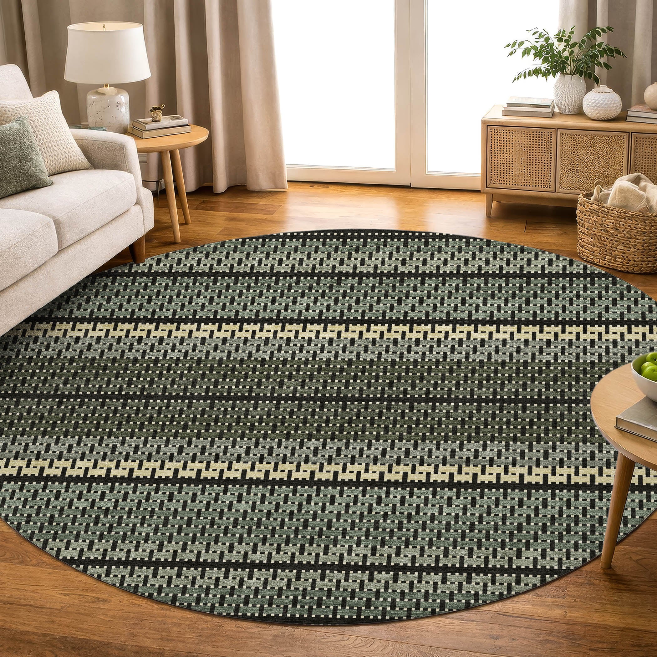 Seoul Machine Washable Transitional Cactus Green Rug 8' x 8' #shape_Round