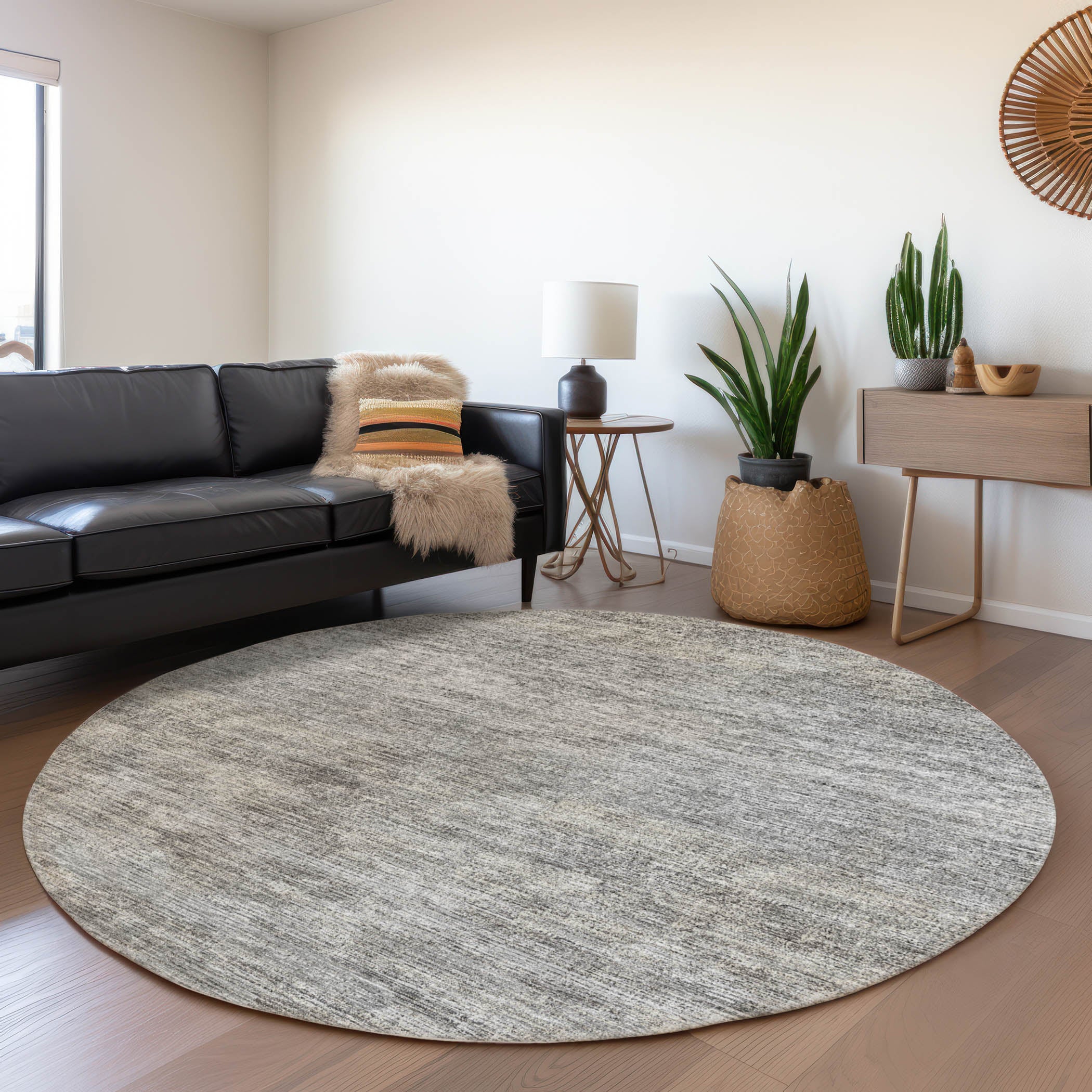 Porto Machine Washable Transitional Silver Gray Rug 8' x 8' #shape_Round
