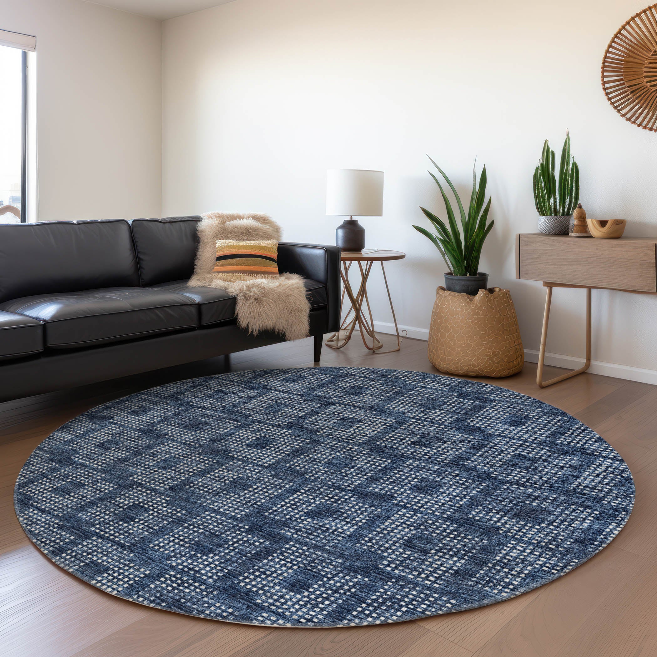 Ghent Machine Washable Transitional Blue Navy Rug 8' x 8' #shape_Round