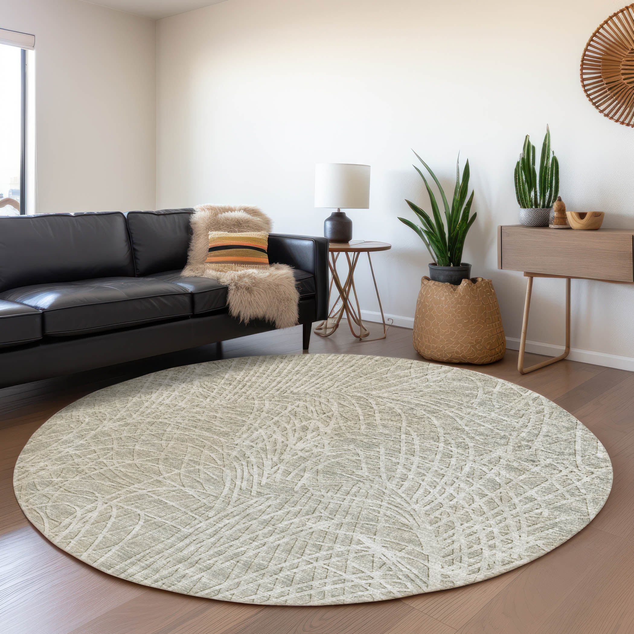 Bogota Machine Washable Transitional Beige Taupe Rug 8' x 8' #shape_Round