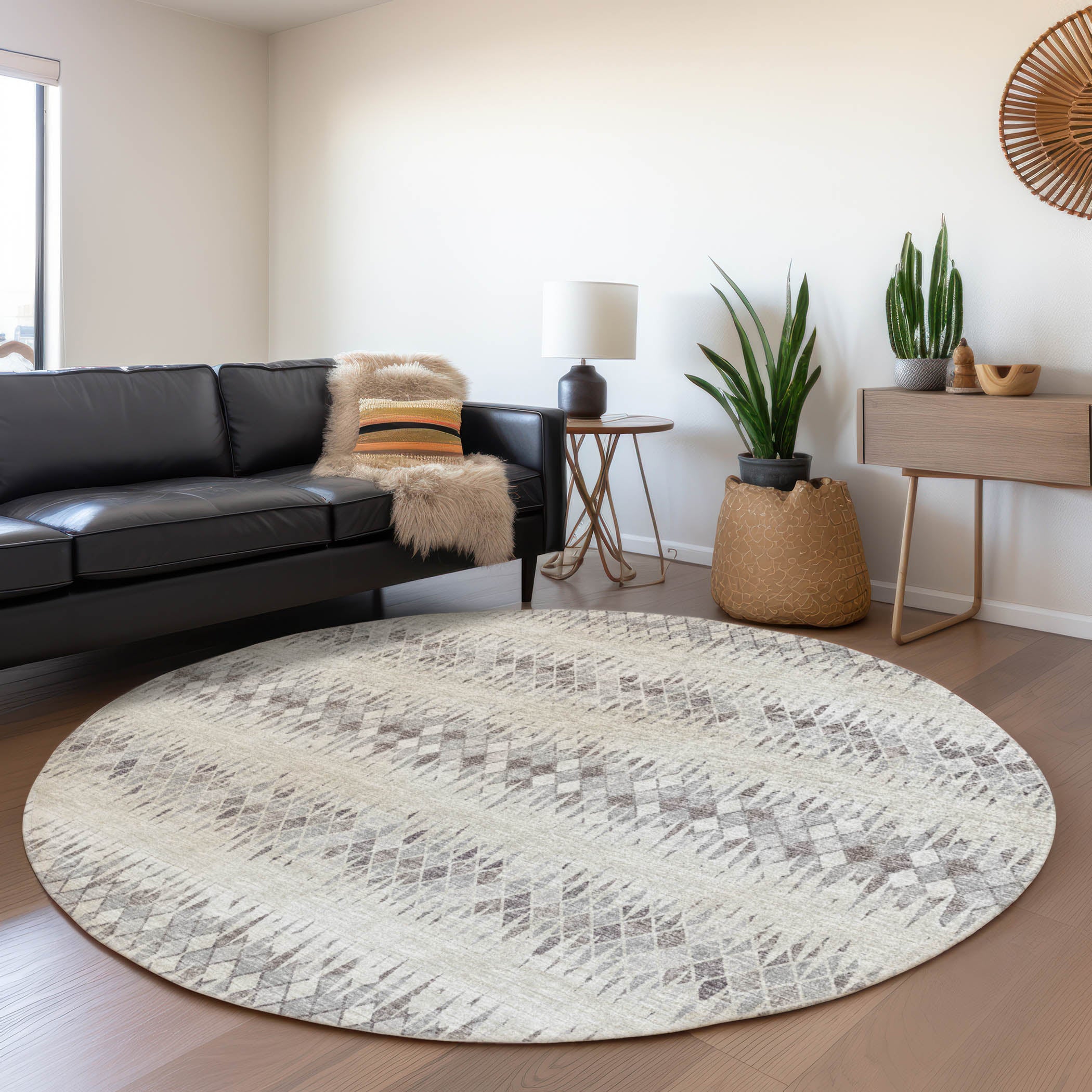 Kyoto Machine Washable Transitional Beige Ivory Rug 8' x 8' #shape_Round