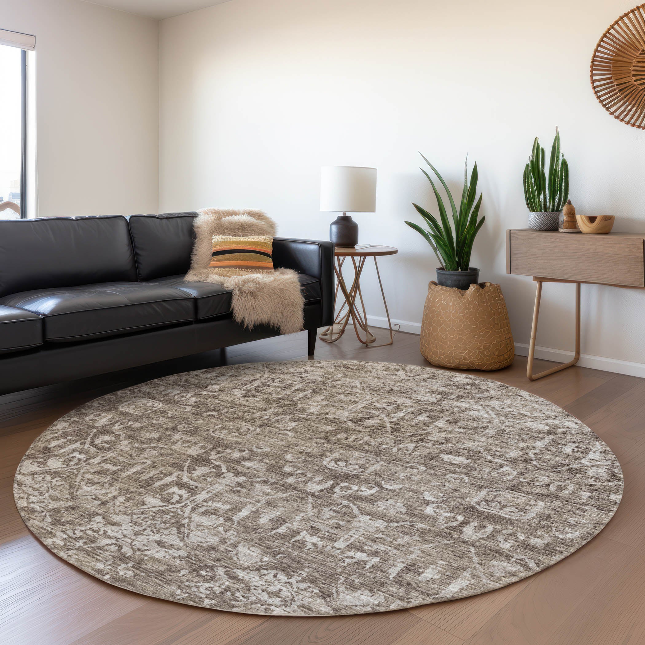 Ghent Machine Washable Traditional Brown Rug 8' x 8' #shape_Round