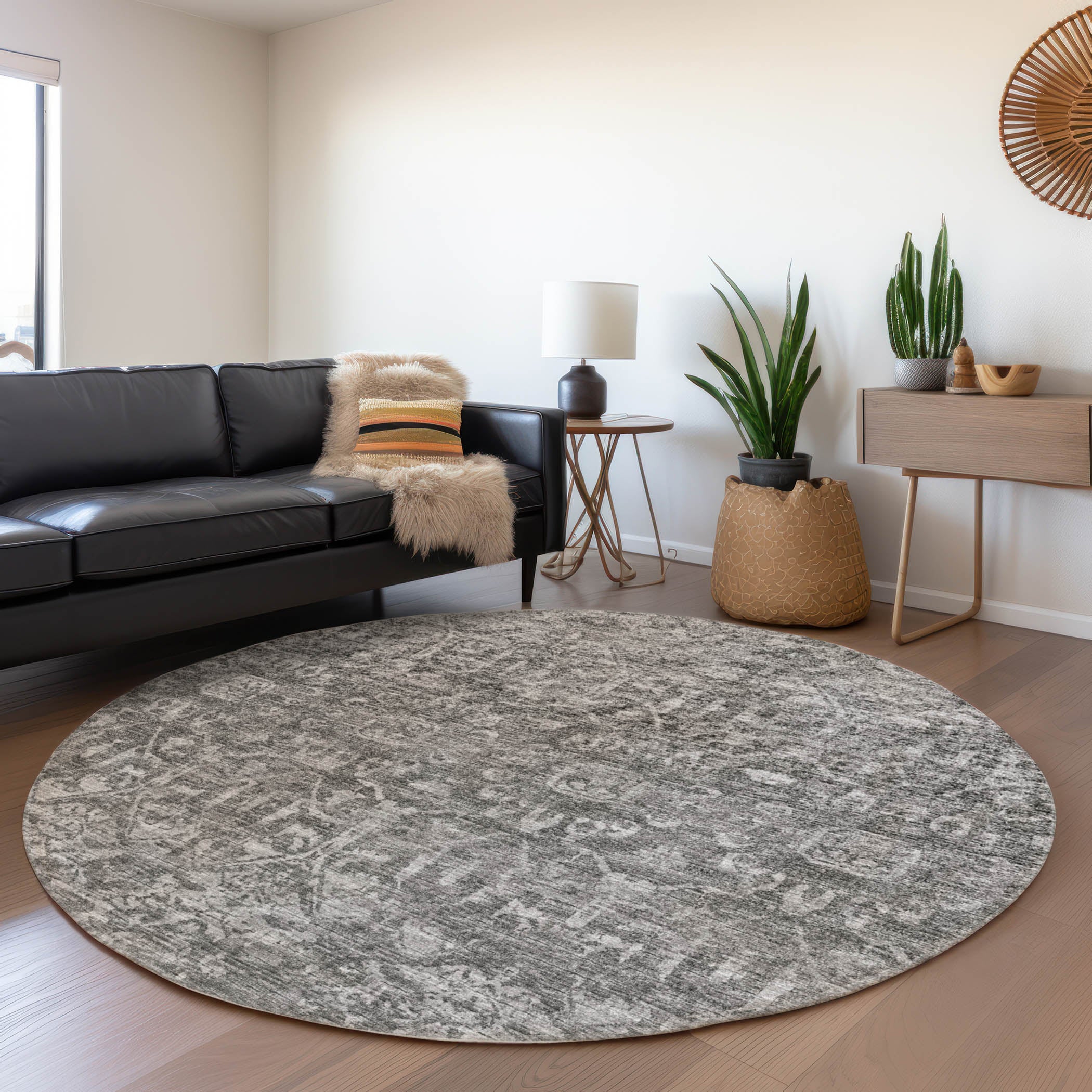 Ghent Machine Washable Traditional Charcoal Gray Rug 8' x 8' #shape_Round