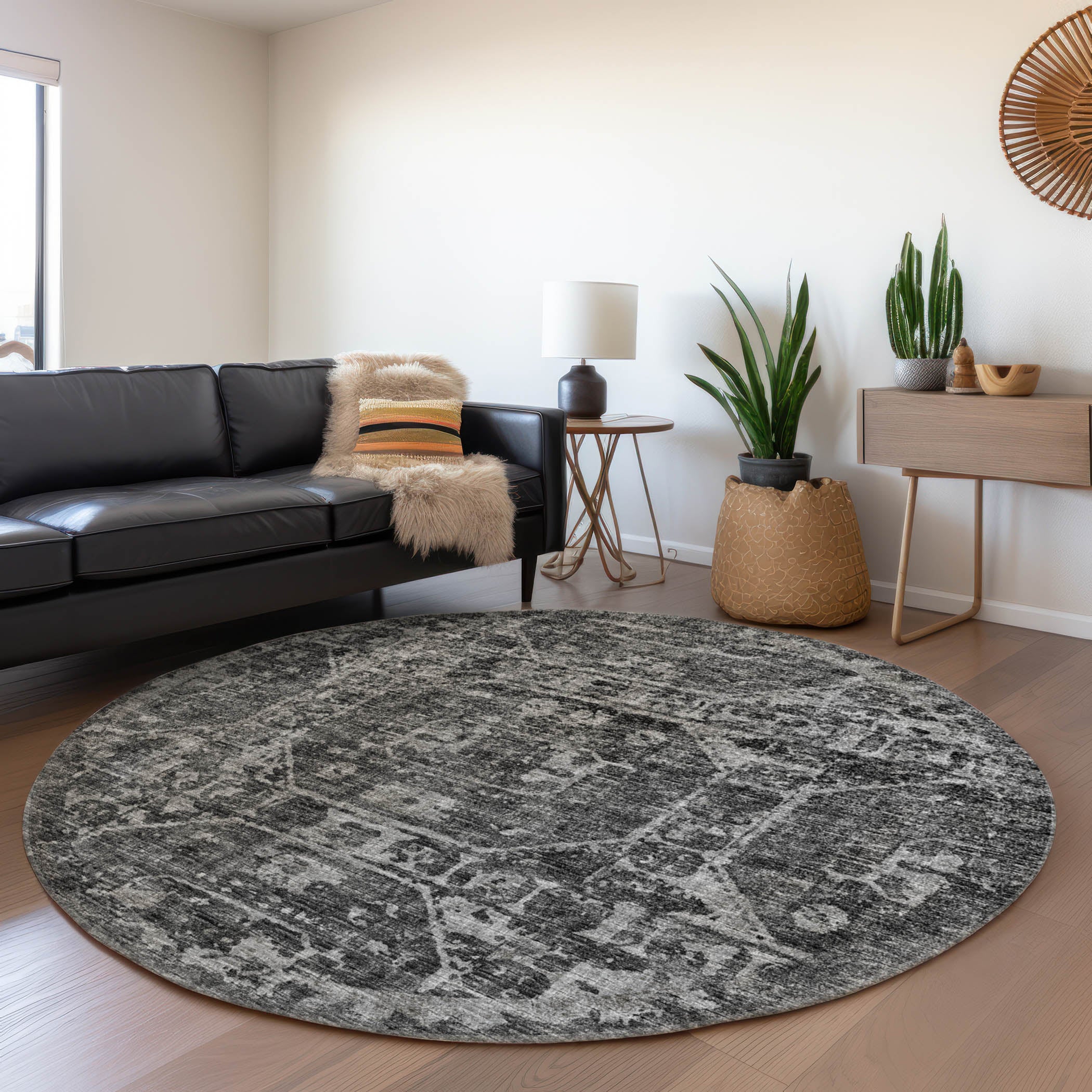 Bangkok Machine Washable Traditional Black Rug 8' x 8' #shape_Round