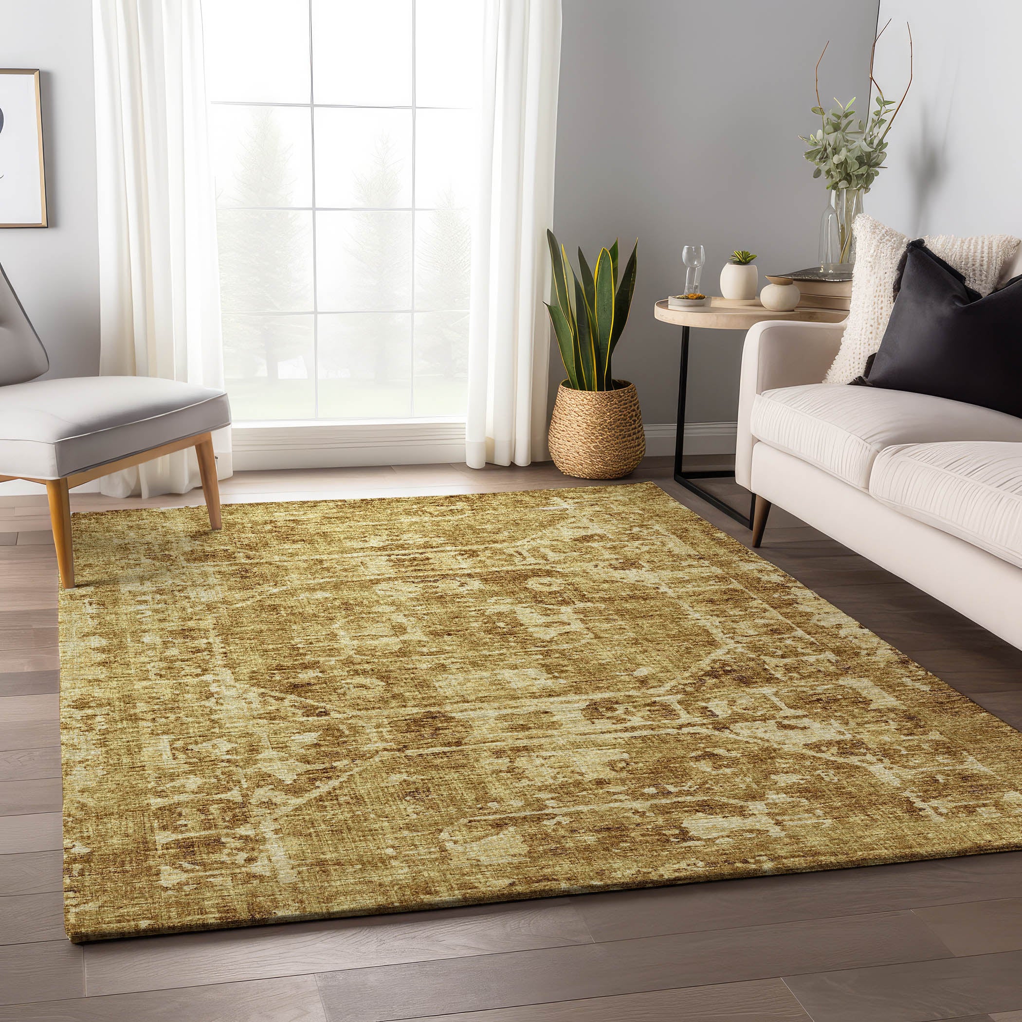 Bangkok Machine Washable Traditional Gilded Gold Rug 2'6" x 3'10" #shape_Rectangle