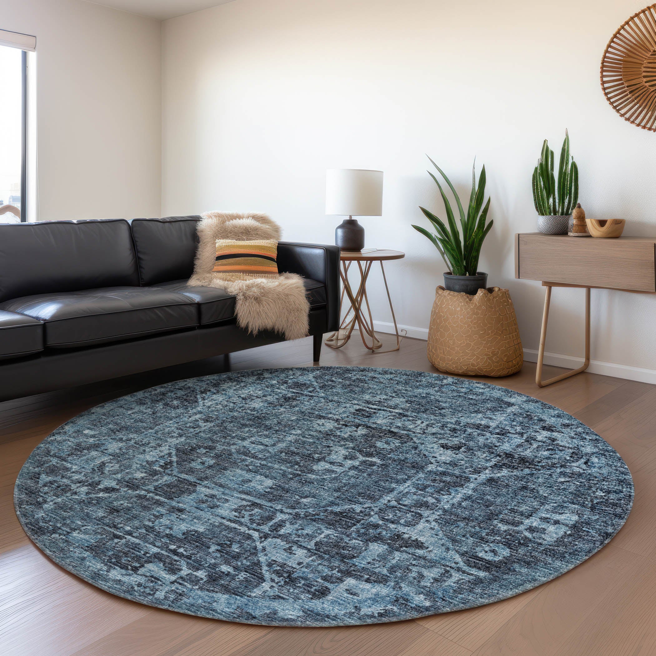Bangkok Machine Washable Traditional Navy Blue Rug 8' x 8' #shape_Round