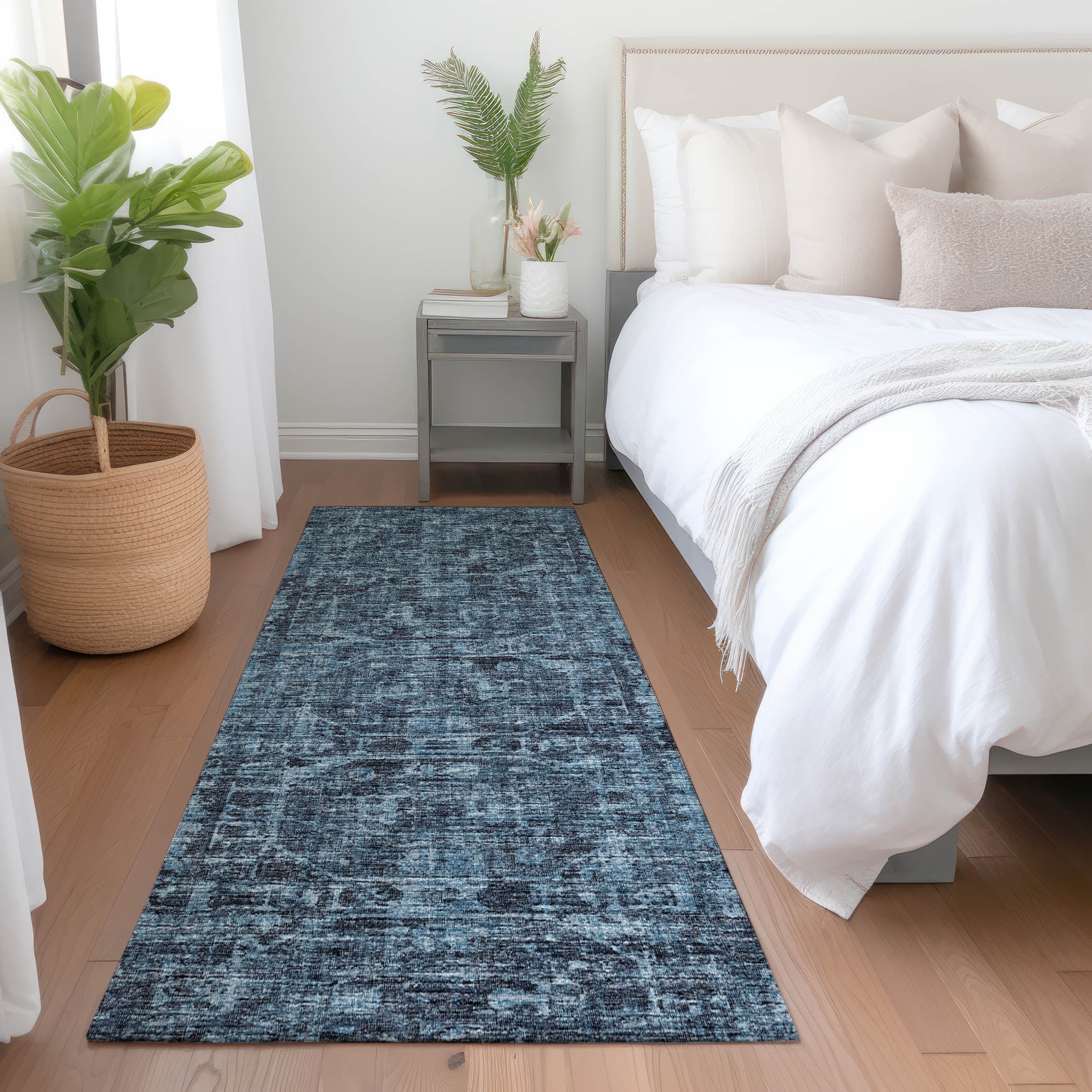 Bangkok Machine Washable Traditional Navy Blue Rug 2'3" x 7'6" #shape_Runner