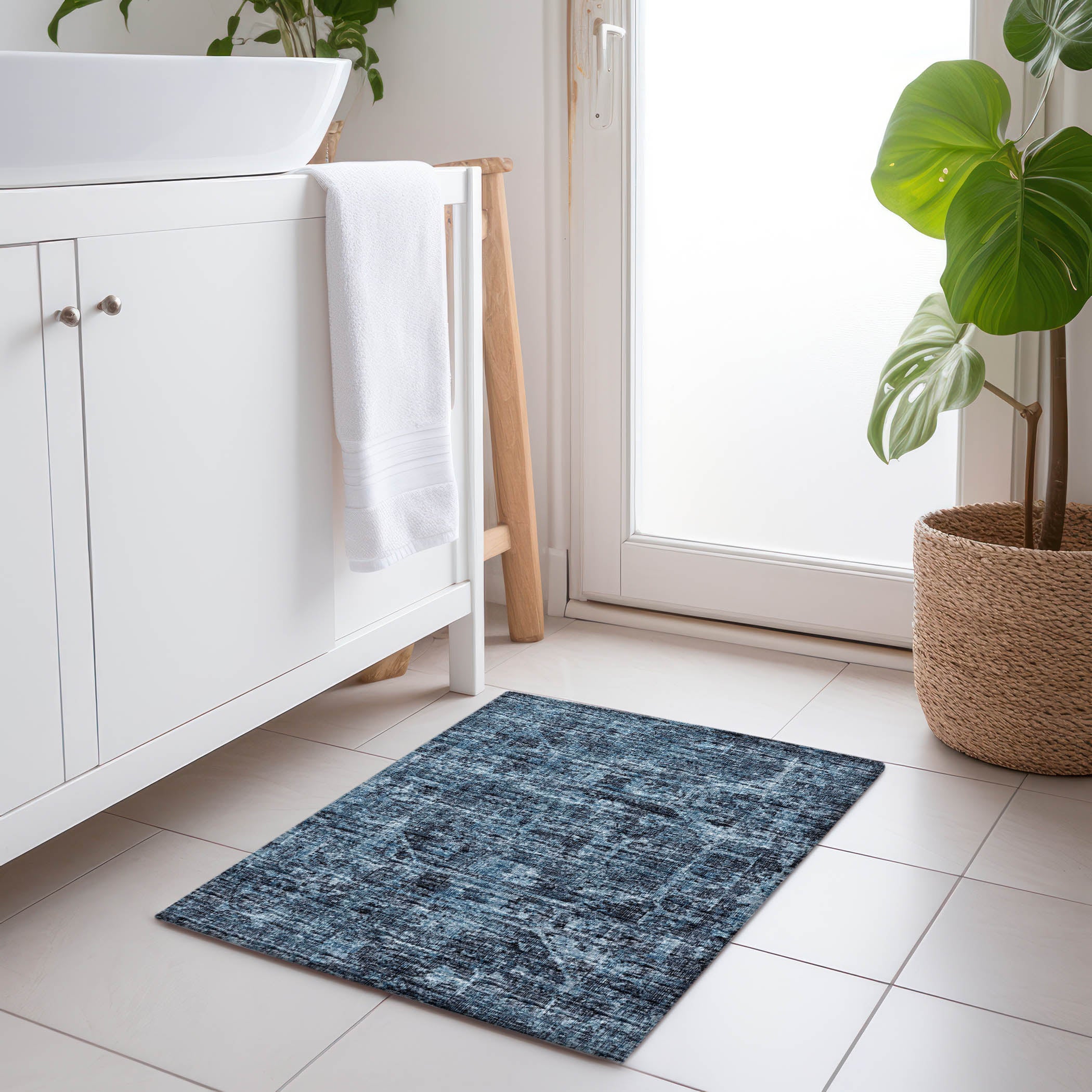 Bangkok Machine Washable Traditional Navy Blue Rug 1'8" x 2'6" #shape_Rectangle