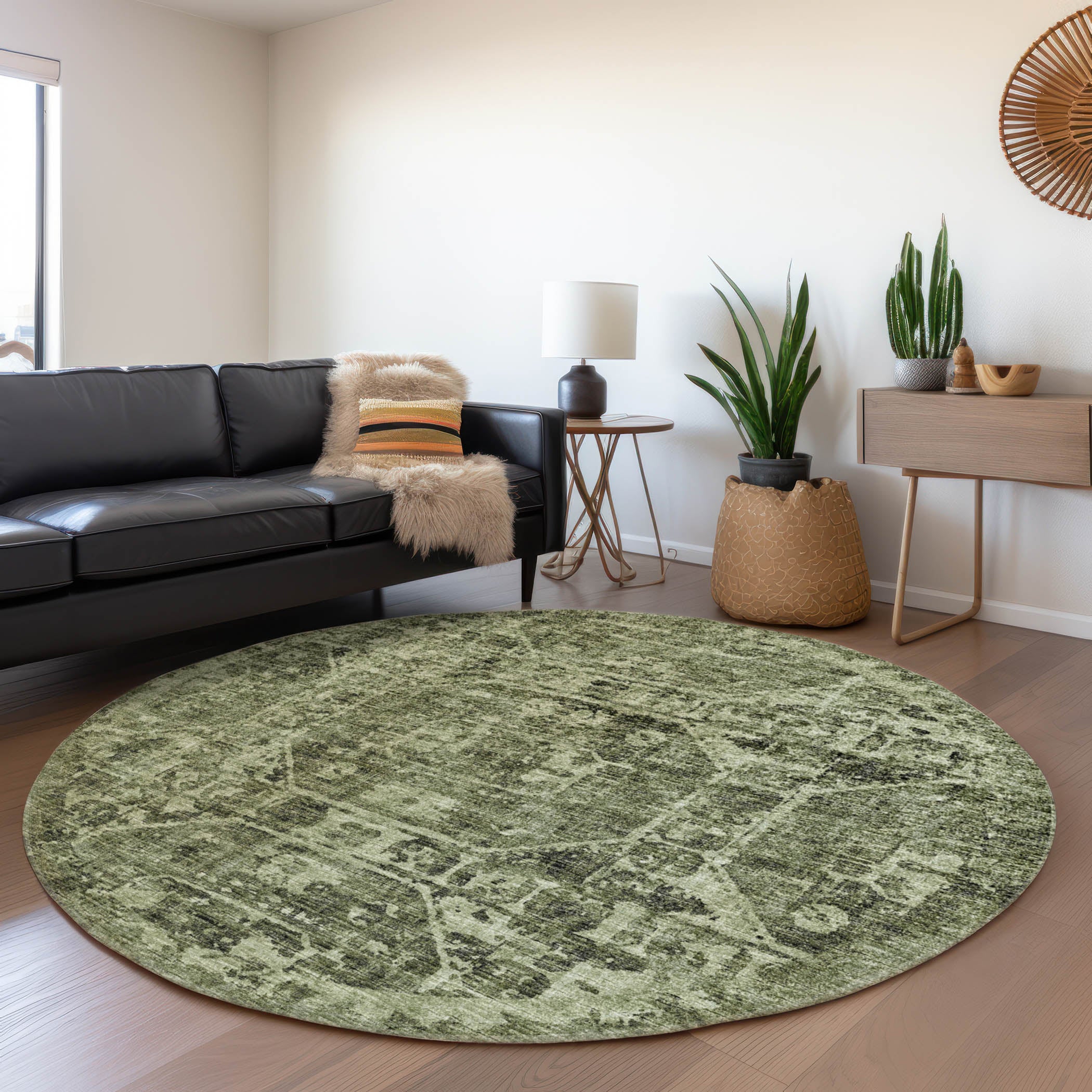Bangkok Machine Washable Traditional Olive Green Rug 8' x 8' #shape_Round
