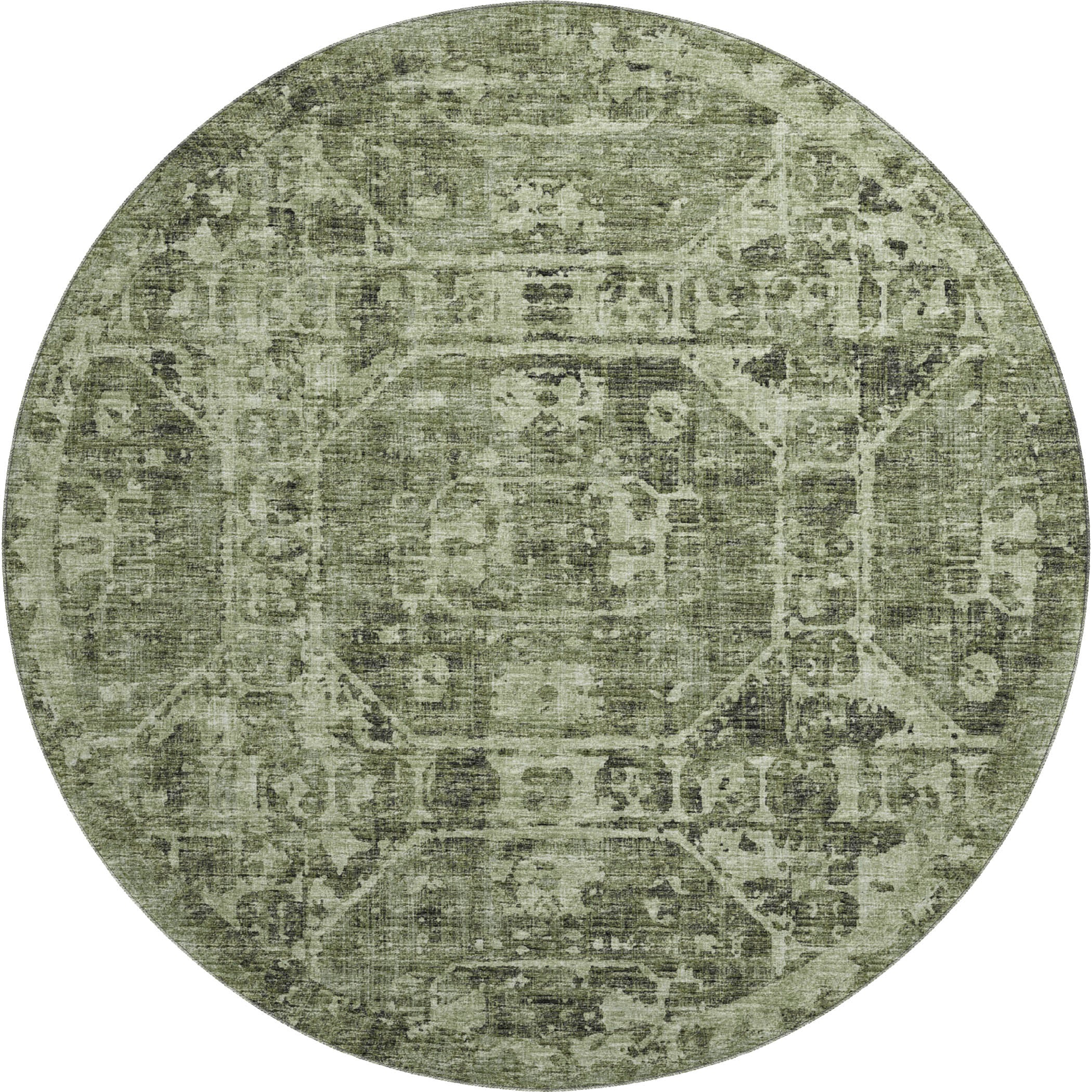 Bangkok Machine Washable Traditional Olive Green Rug 8' x 8' #shape_Round