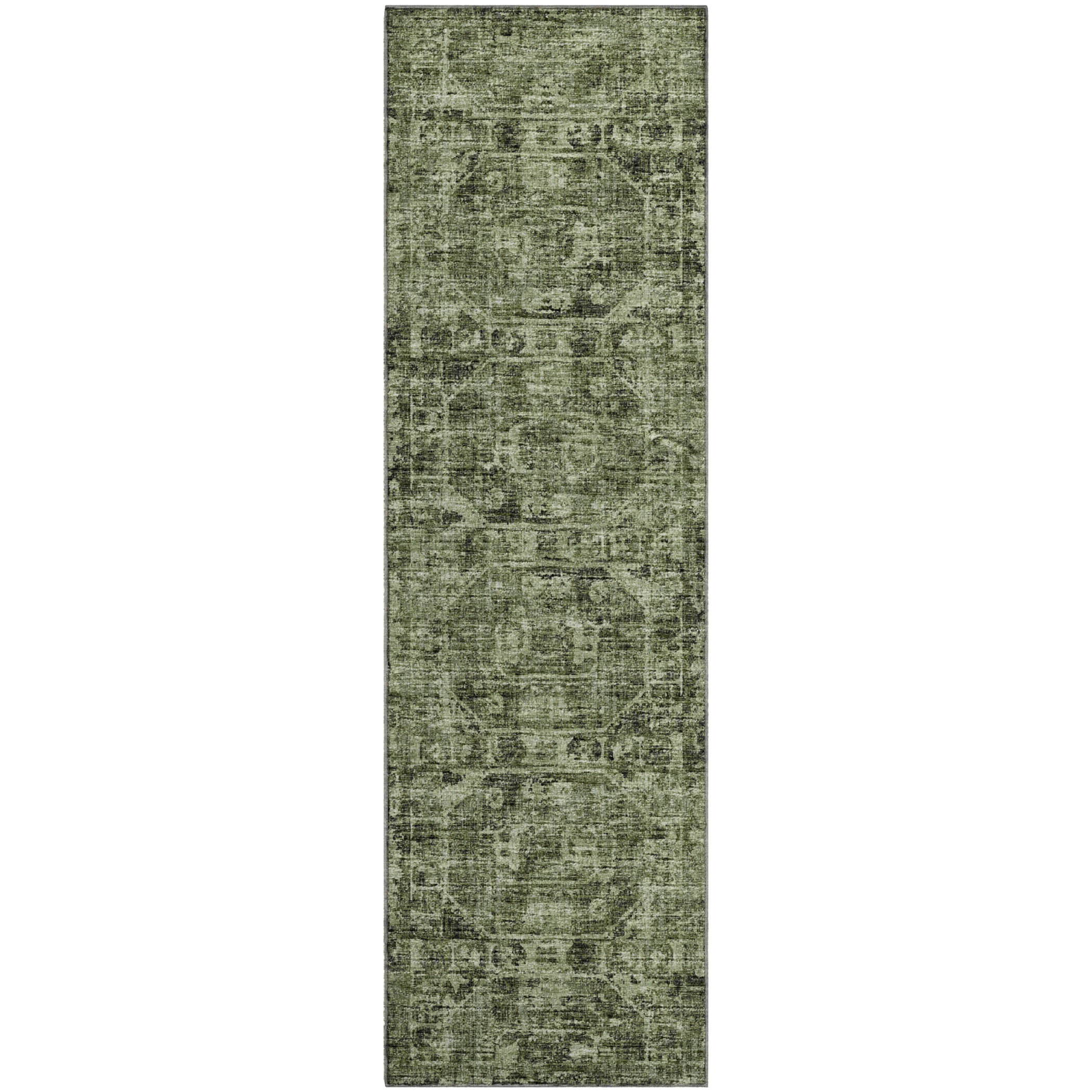 Bangkok Machine Washable Traditional Olive Green Rug 2'3" x 7'6" #shape_Runner