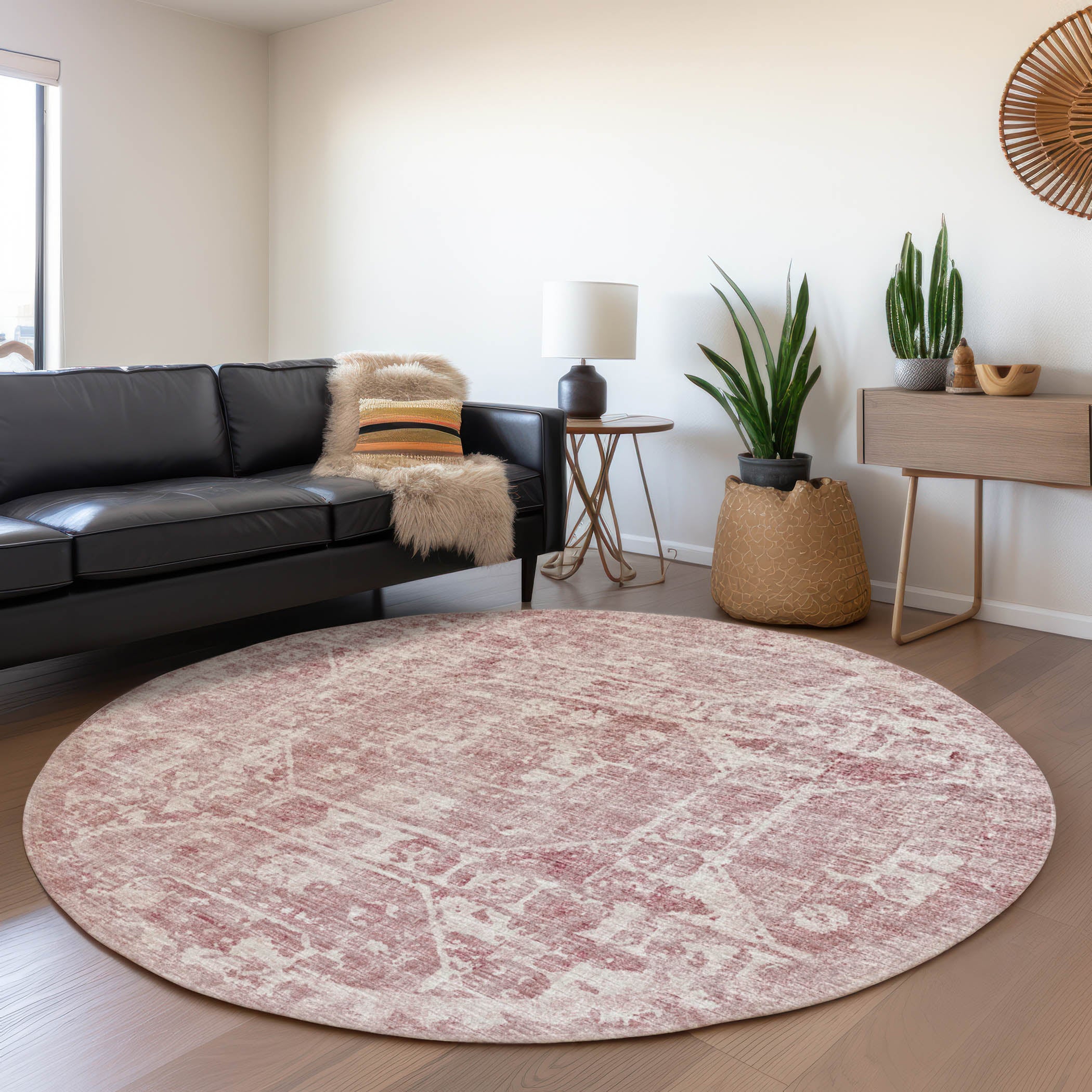 Bangkok Machine Washable Traditional Pink Rug 8' x 8' #shape_Round