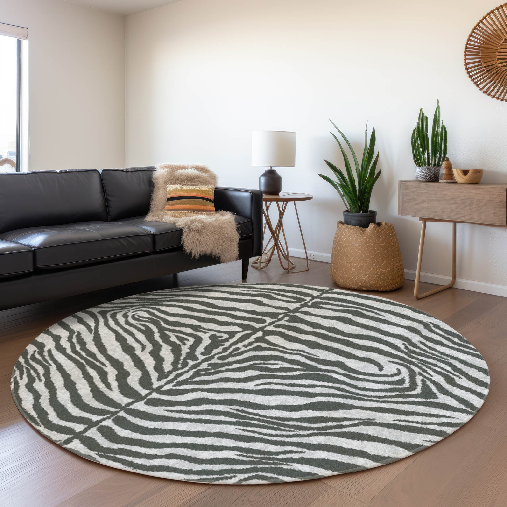 Baku Machine Washable Animal Skin Pattern Gray Rug 8' x 8' #shape_Round