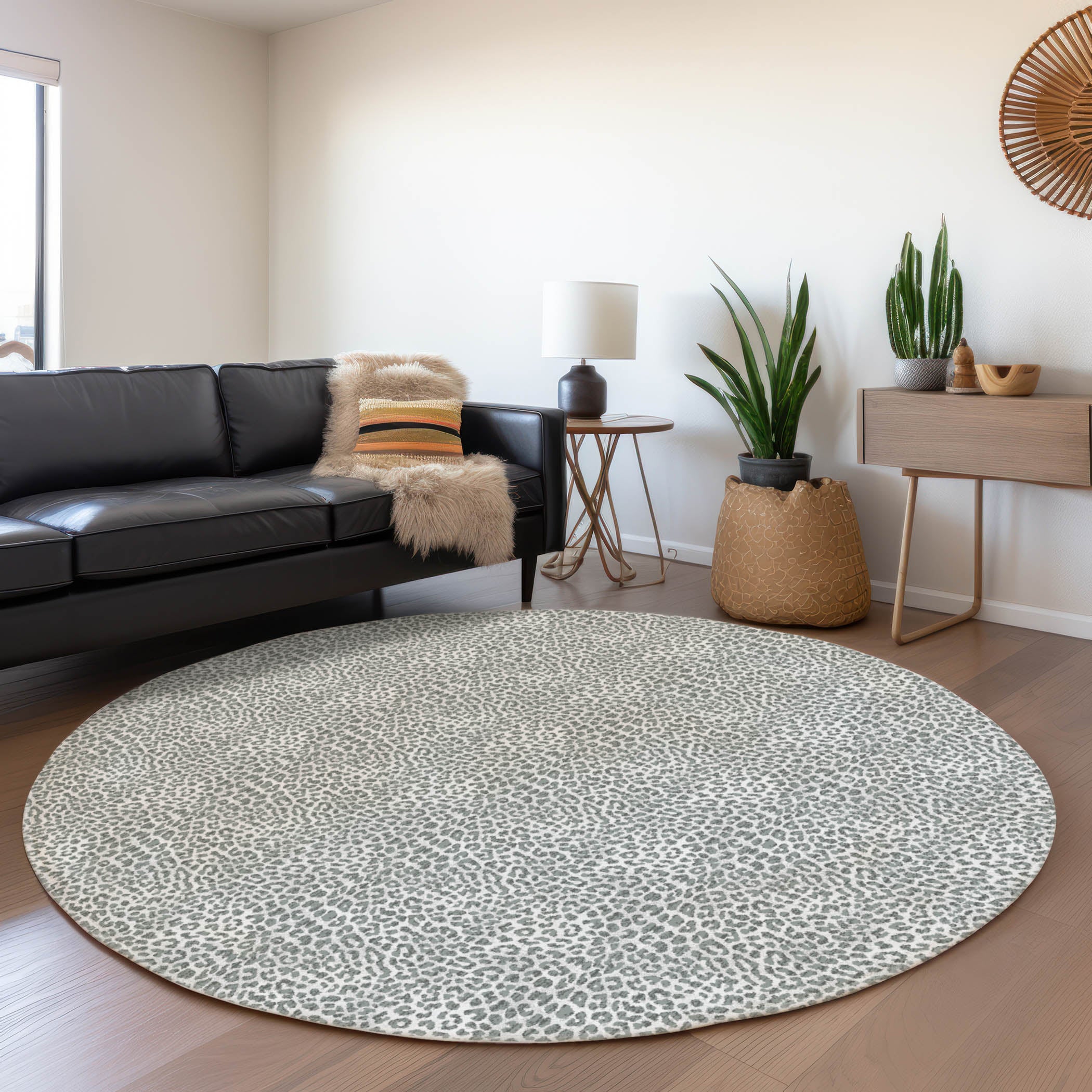 Bogota Machine Washable Animal Skin Pattern Gray Rug 8' x 8' #shape_Round
