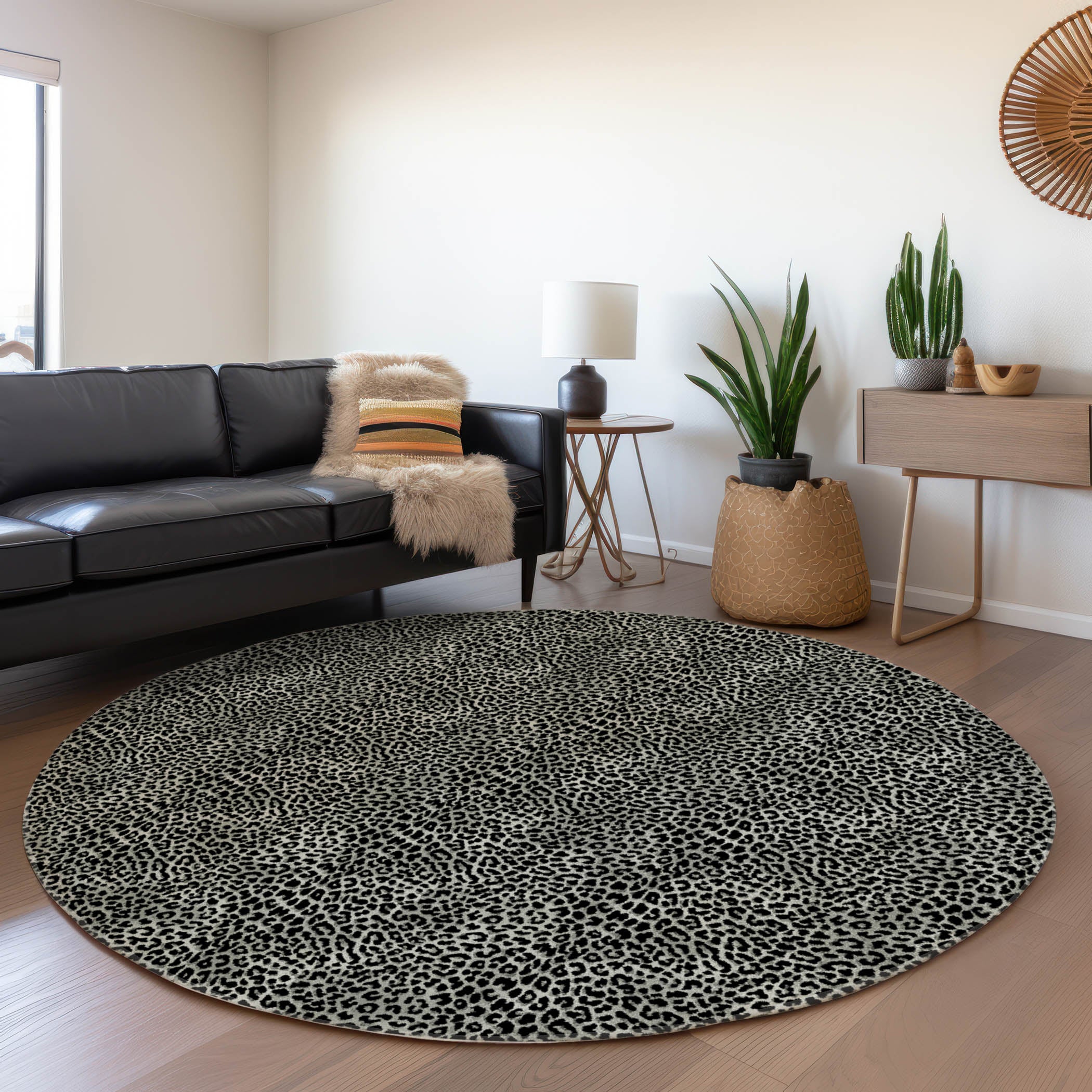 Bogota Machine Washable Animal Skin Pattern Shadow Black Rug 8' x 8' #shape_Round