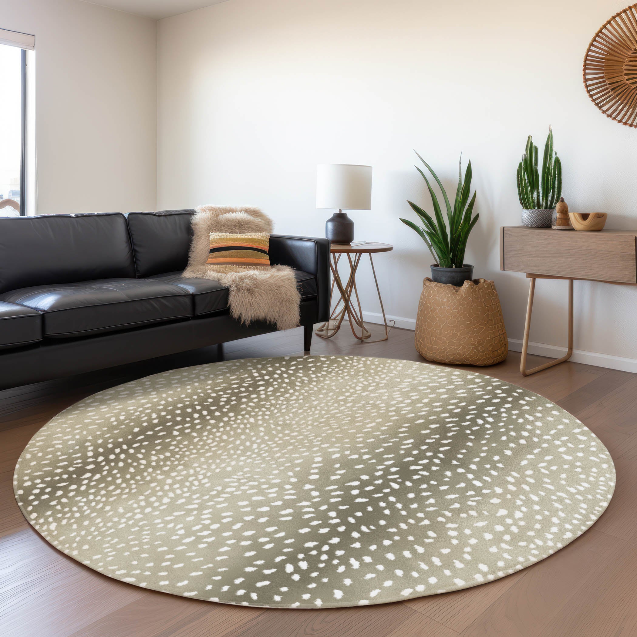 Valletta Machine Washable Animal Skin Pattern Fawn Neutral Rug 8' x 8' #shape_Round