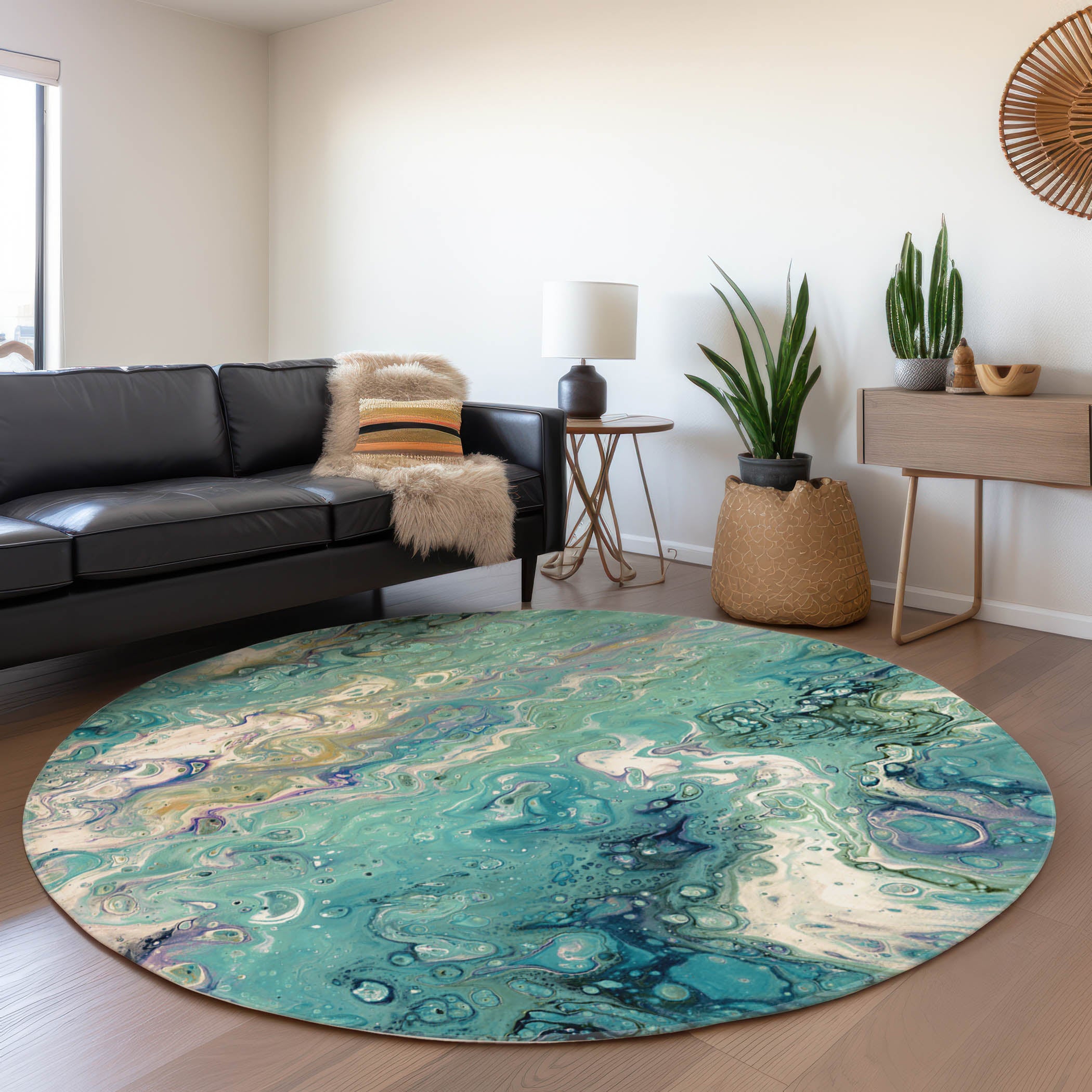 Oaxaca Machine Washable Contemporary Seaglass Blue Rug 8' x 8' #shape_Round