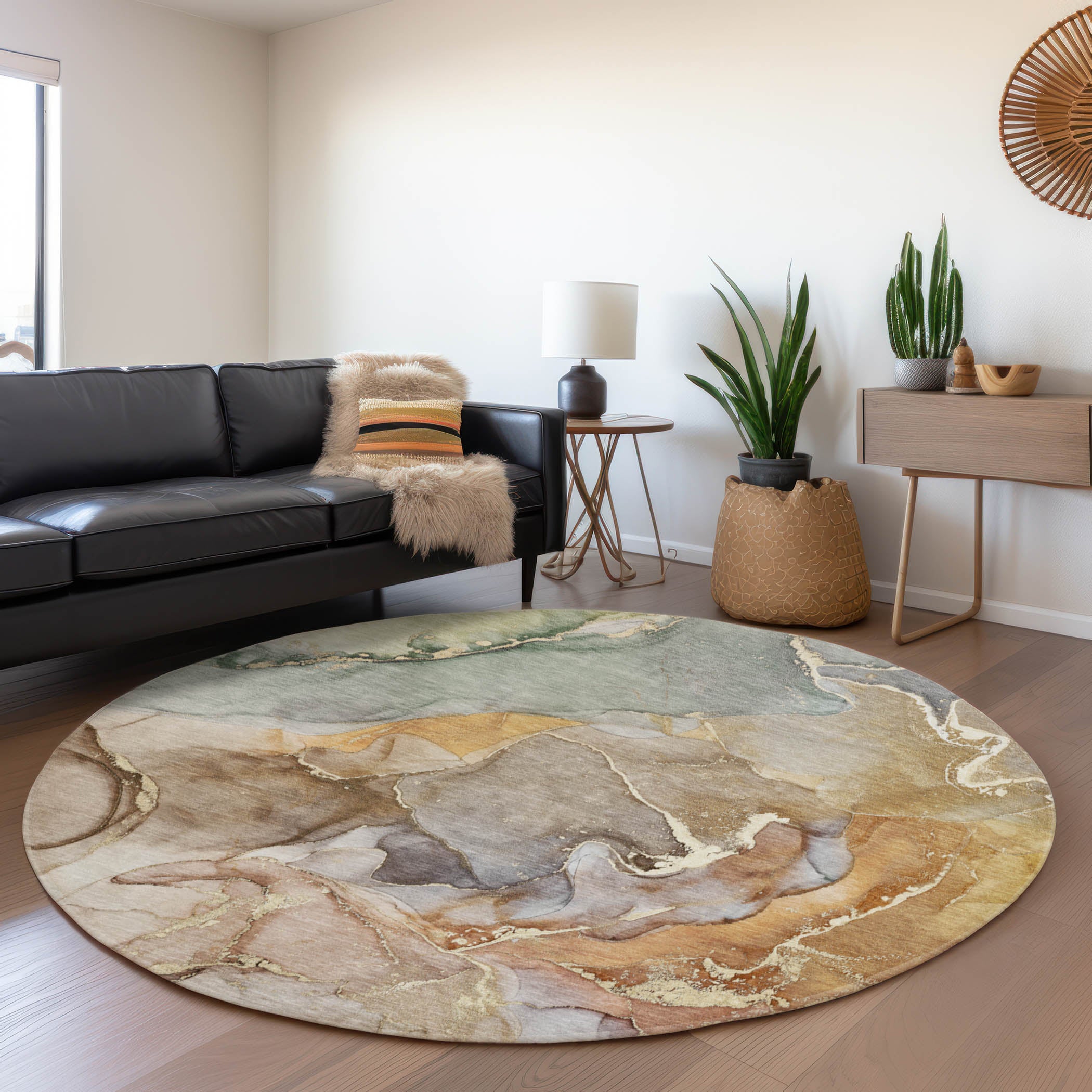 Marrakech Machine Washable Contemporary Beige Brown Rug 8' x 8' #shape_Round