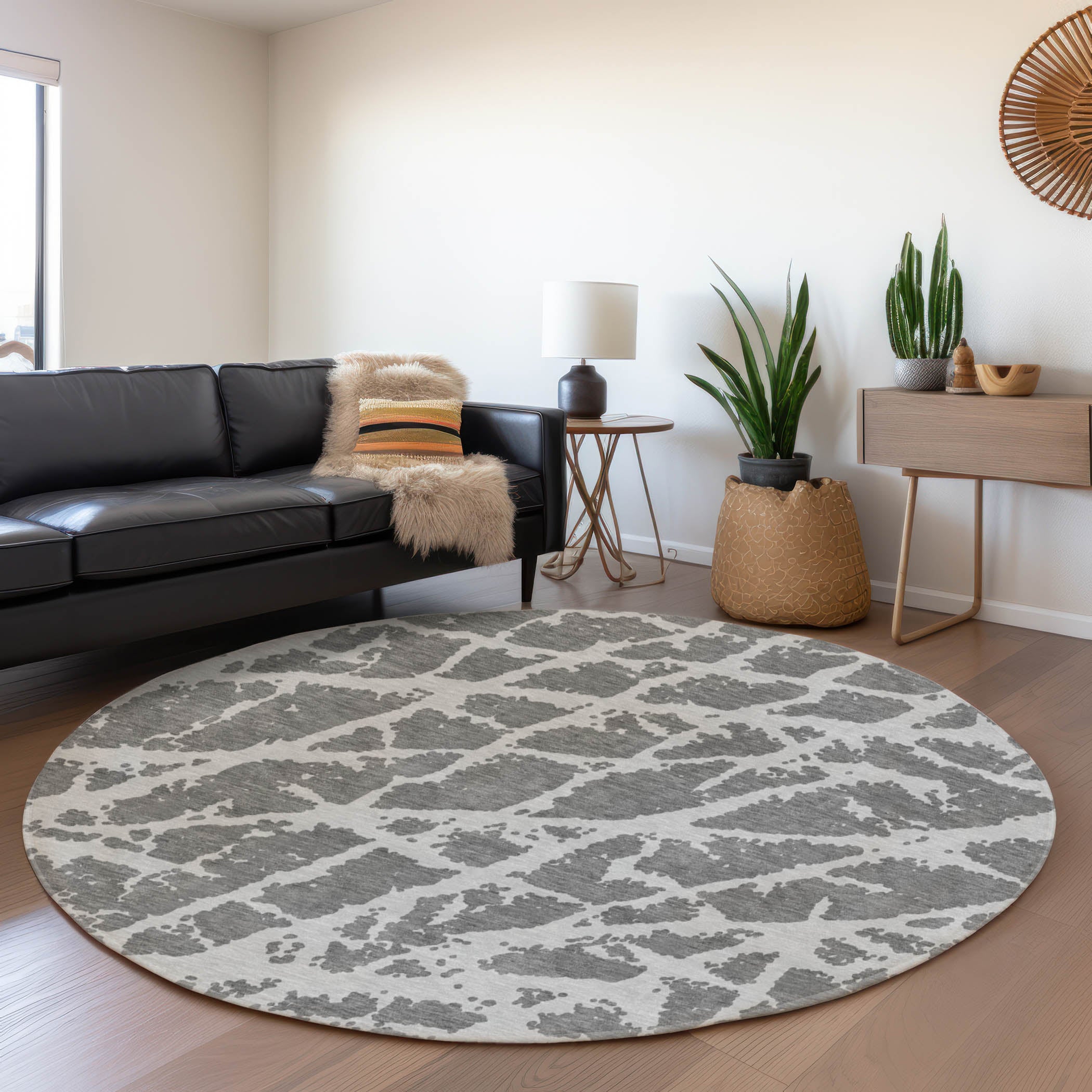 Siena Machine Washable Transitional Charcoal Gray Rug 8' x 8' #shape_Round