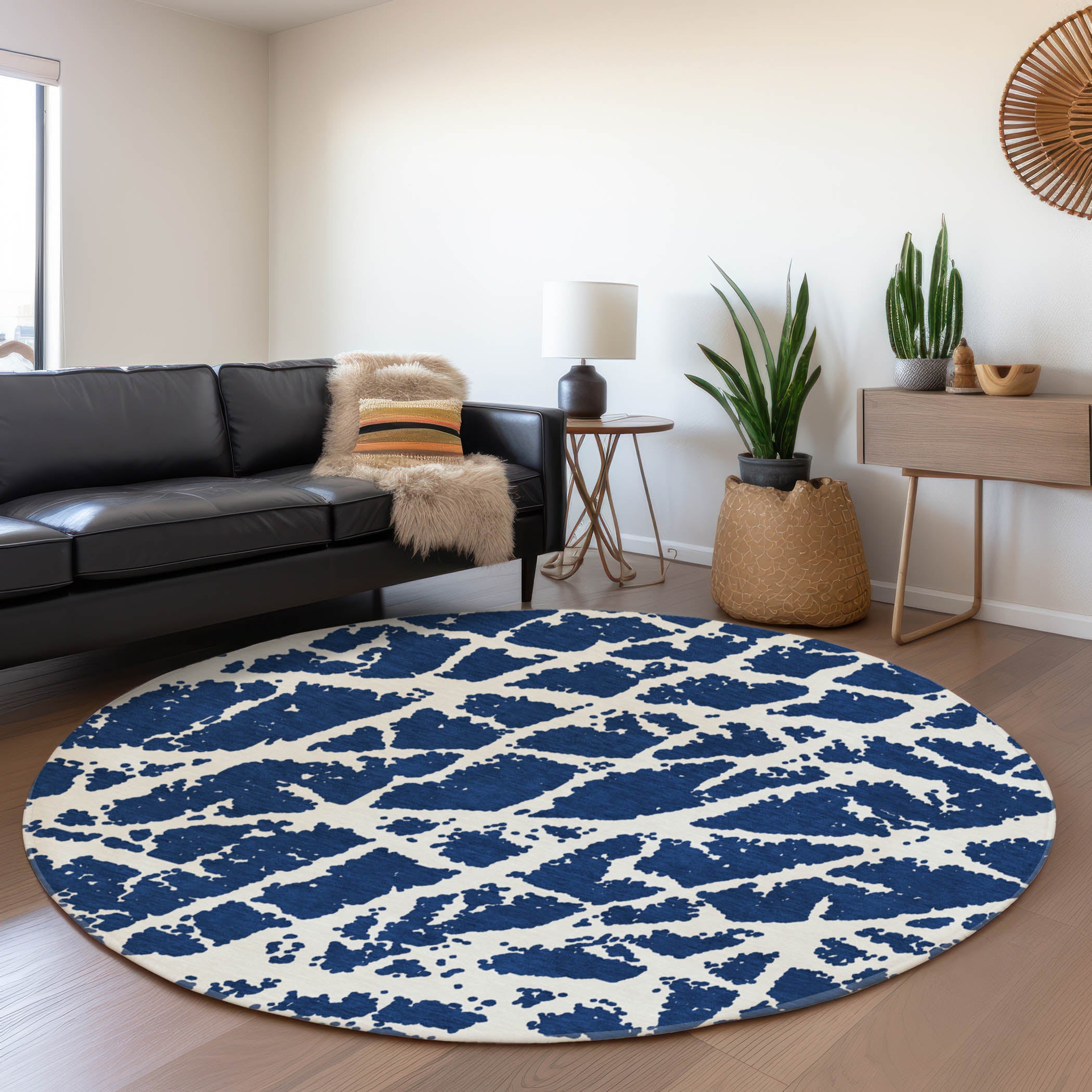 Siena Machine Washable Transitional Navy Blue Rug 8' x 8' #shape_Round