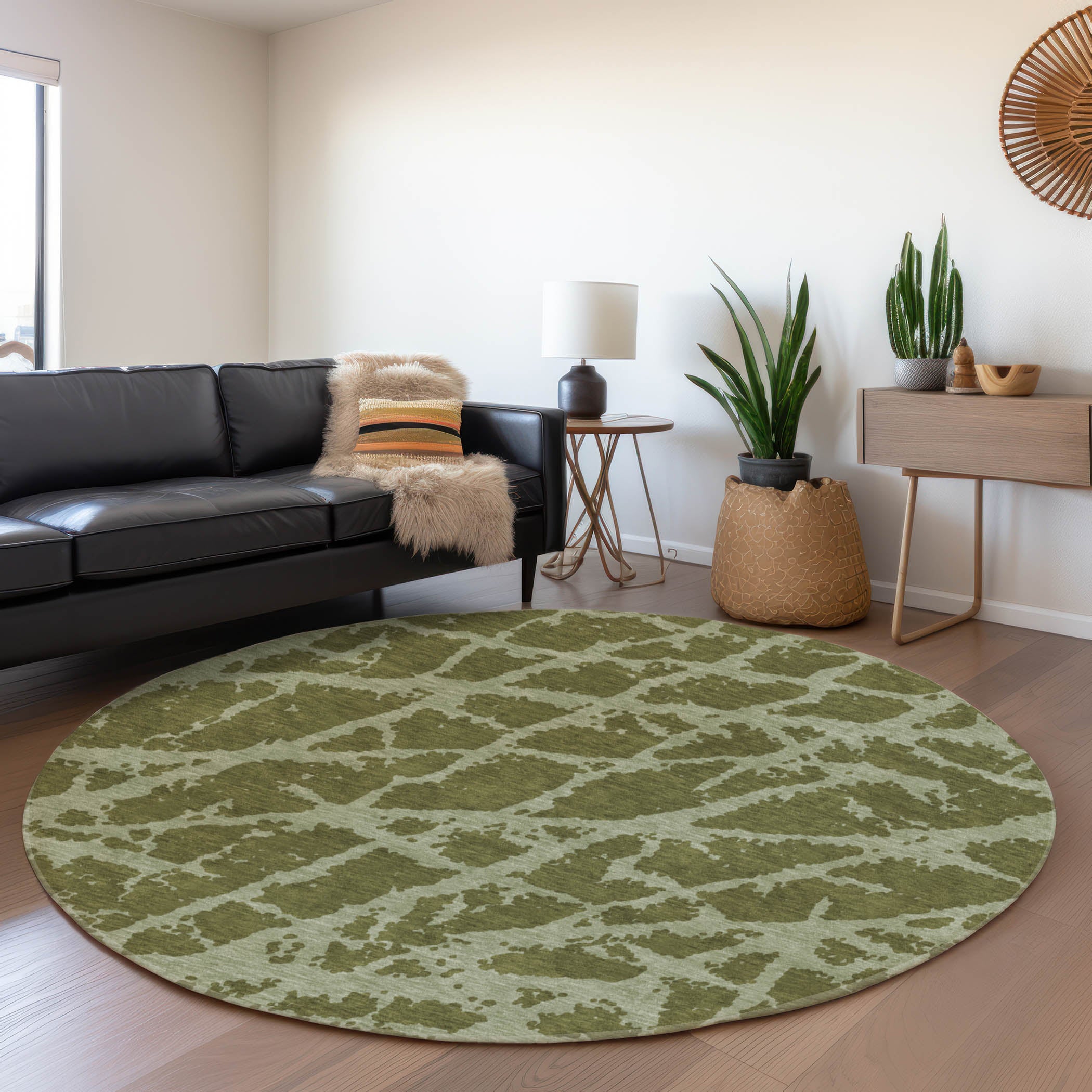 Siena Machine Washable Transitional Olive Green Rug 8' x 8' #shape_Round