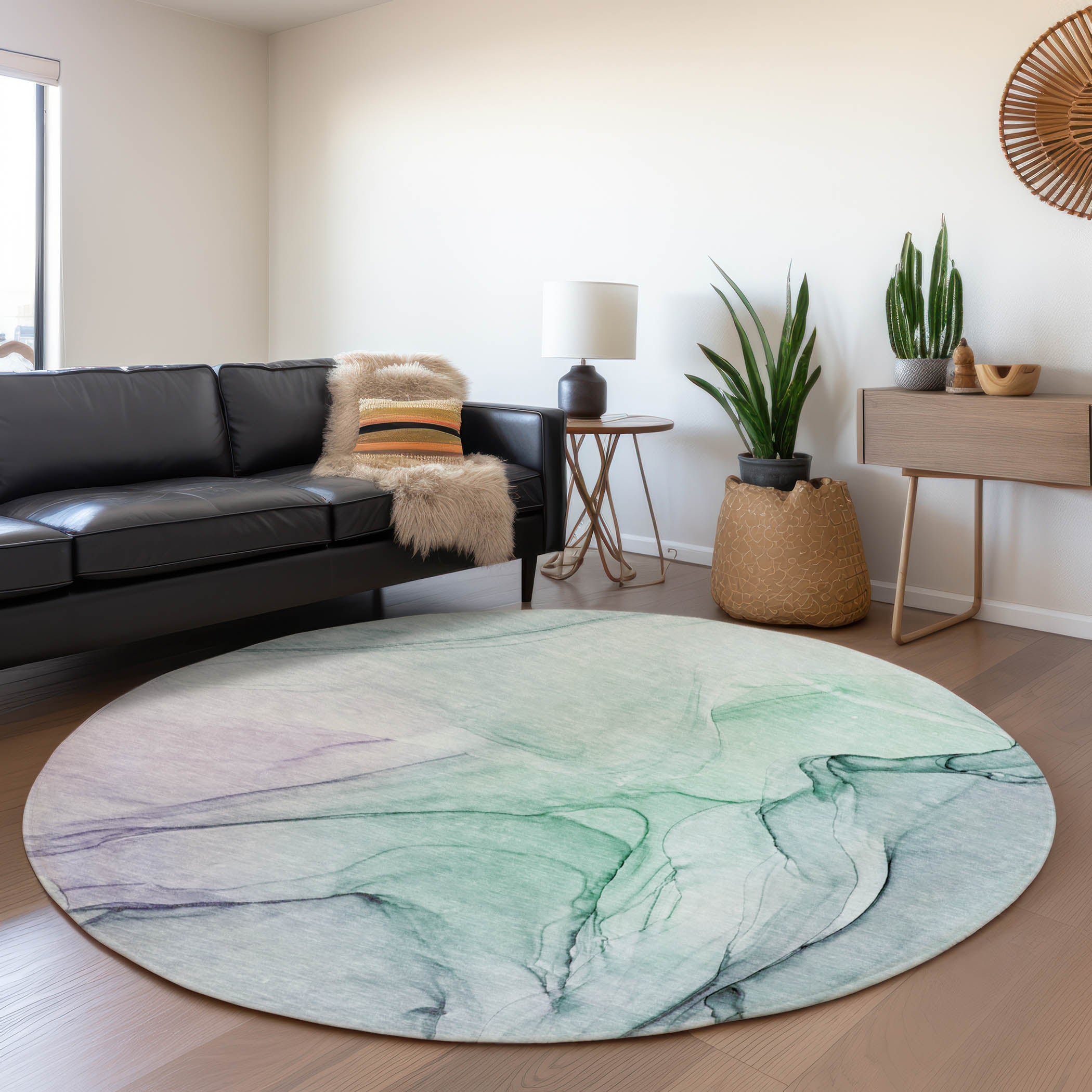 Valletta Machine Washable Transitional Blue Rug 8' x 8' #shape_Round
