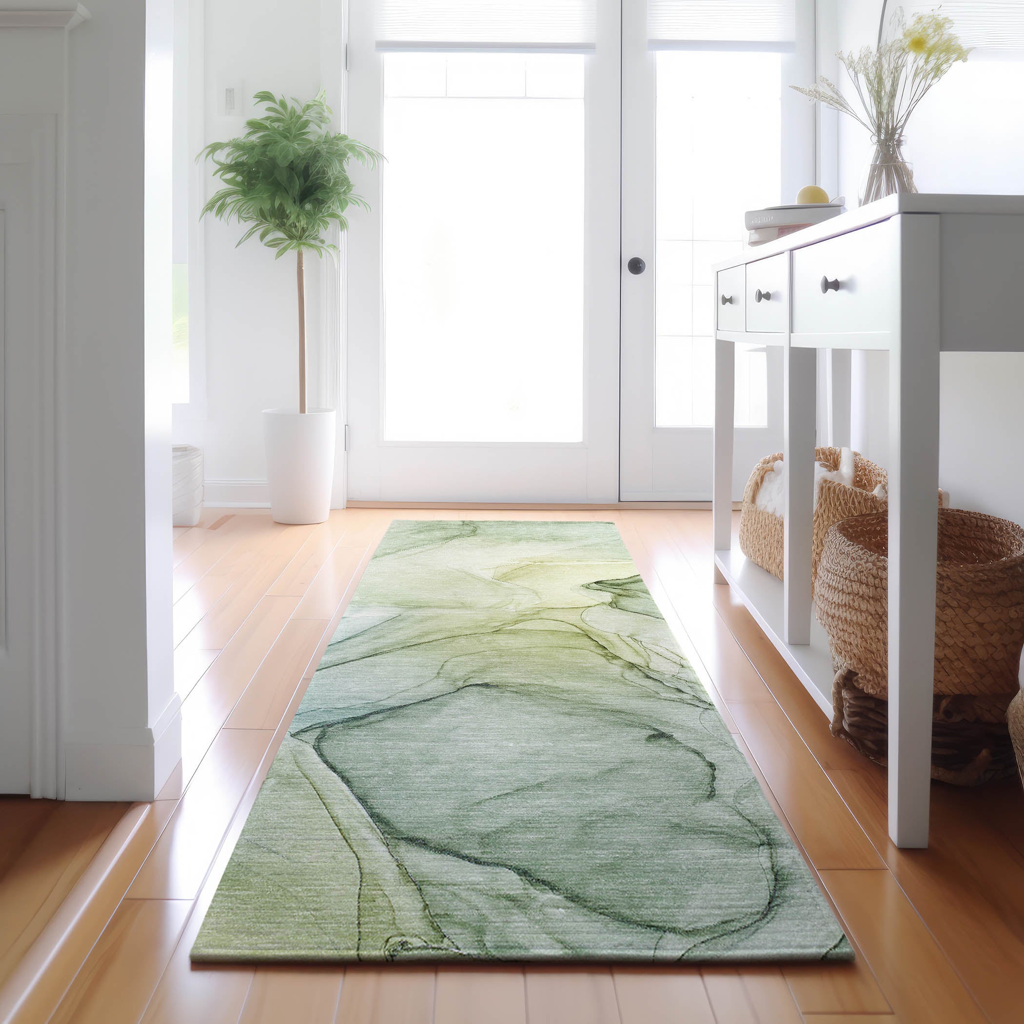Valletta Machine Washable Transitional Green Rug 2'3" x 7'6" #shape_Runner